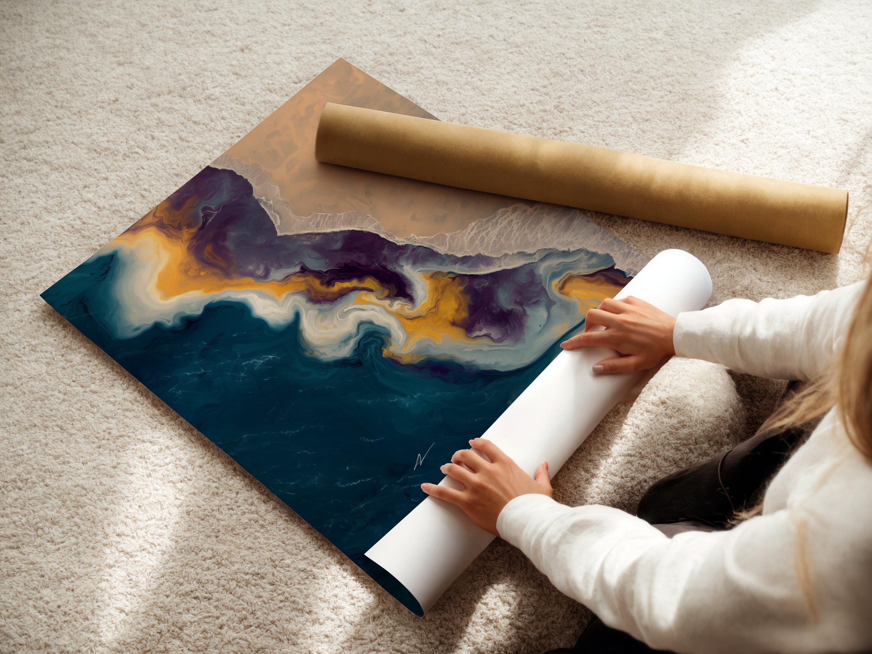 Room mockup showing an abstract seascape artwork with teal, gold and beige tones