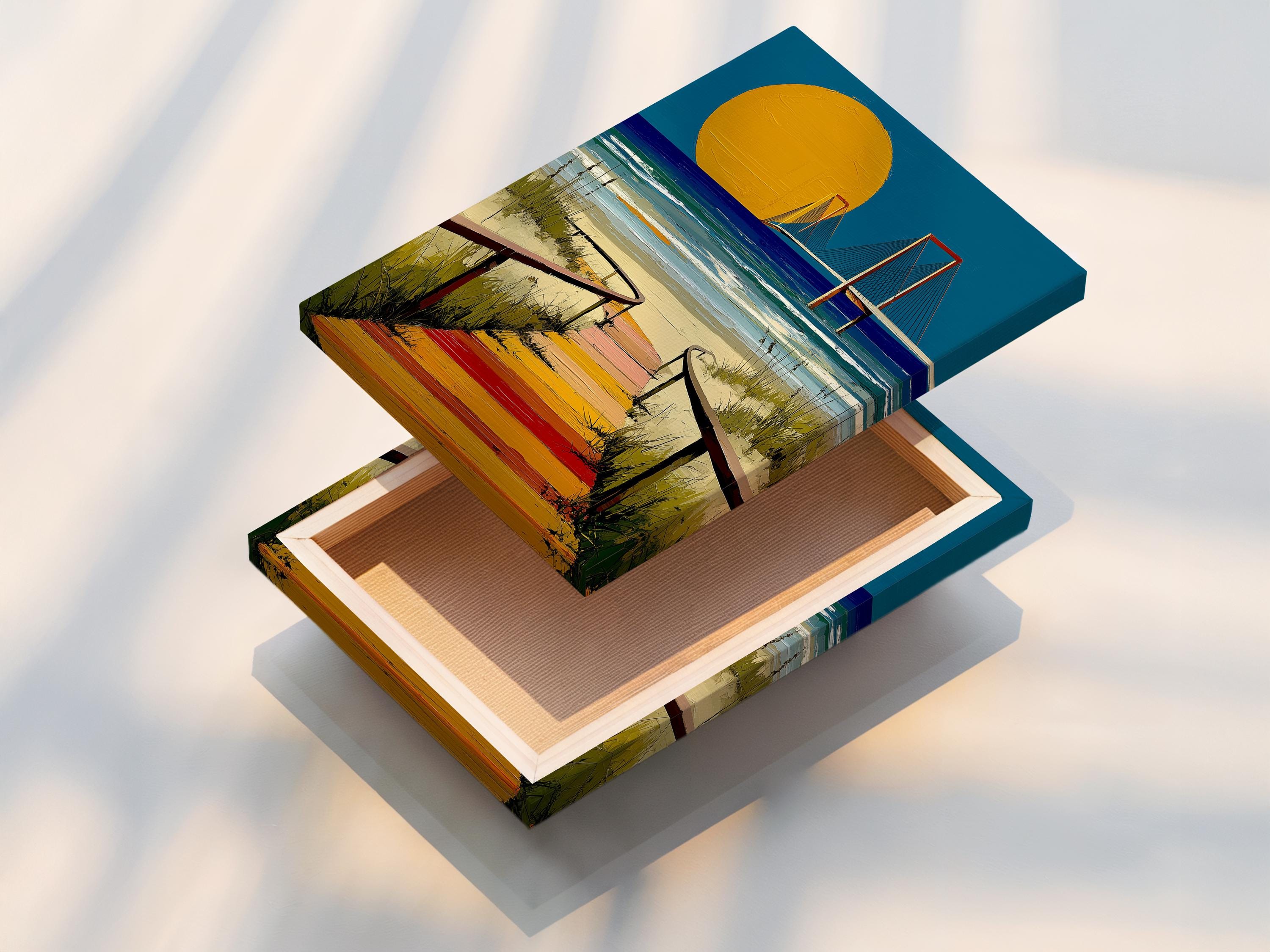 Portrait coastal artwork with golden sun, blue ocean, and a bridge over waves detail view