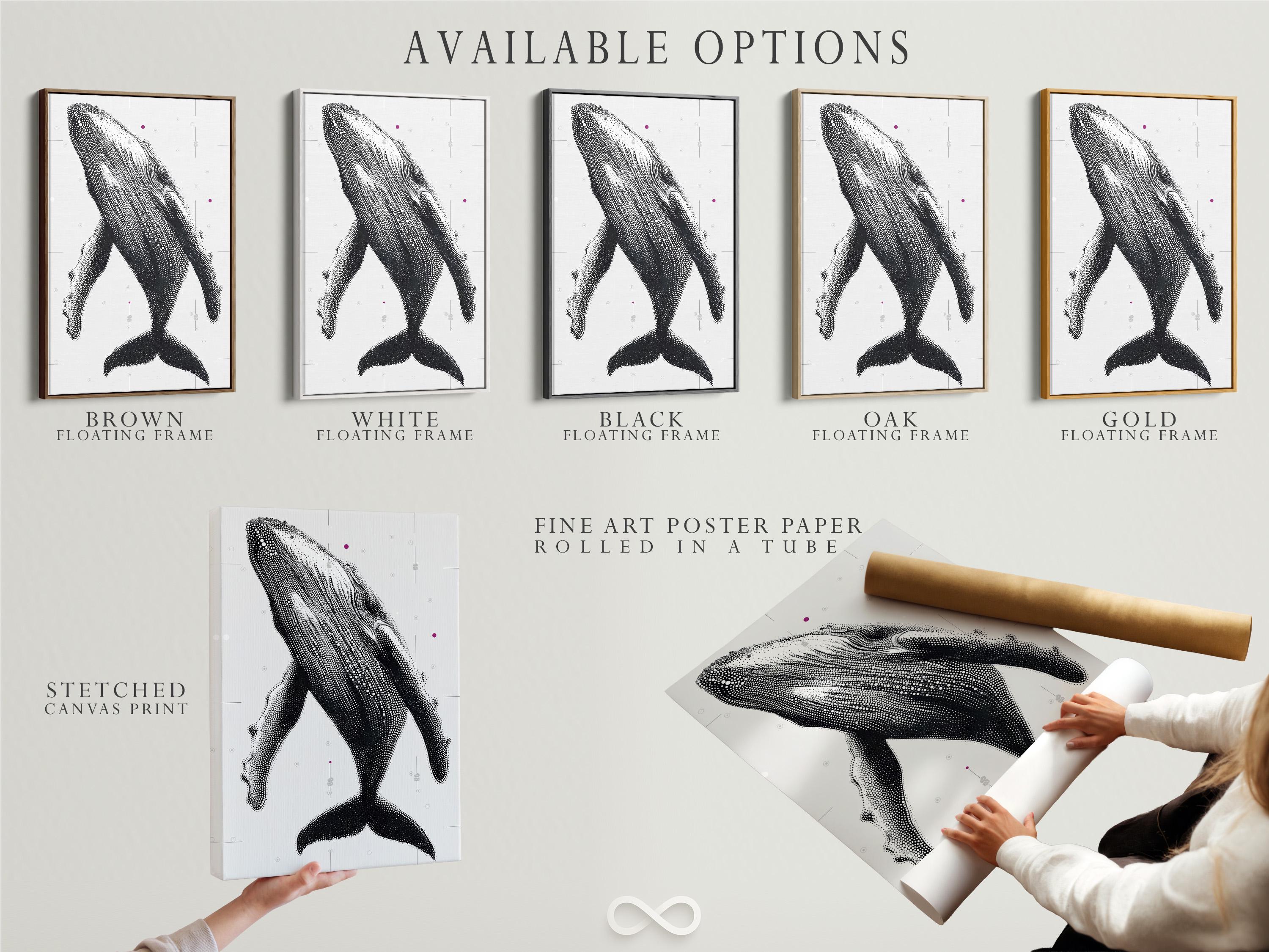 Humpback whale wall art mockup with dotted whale illustration in black and white