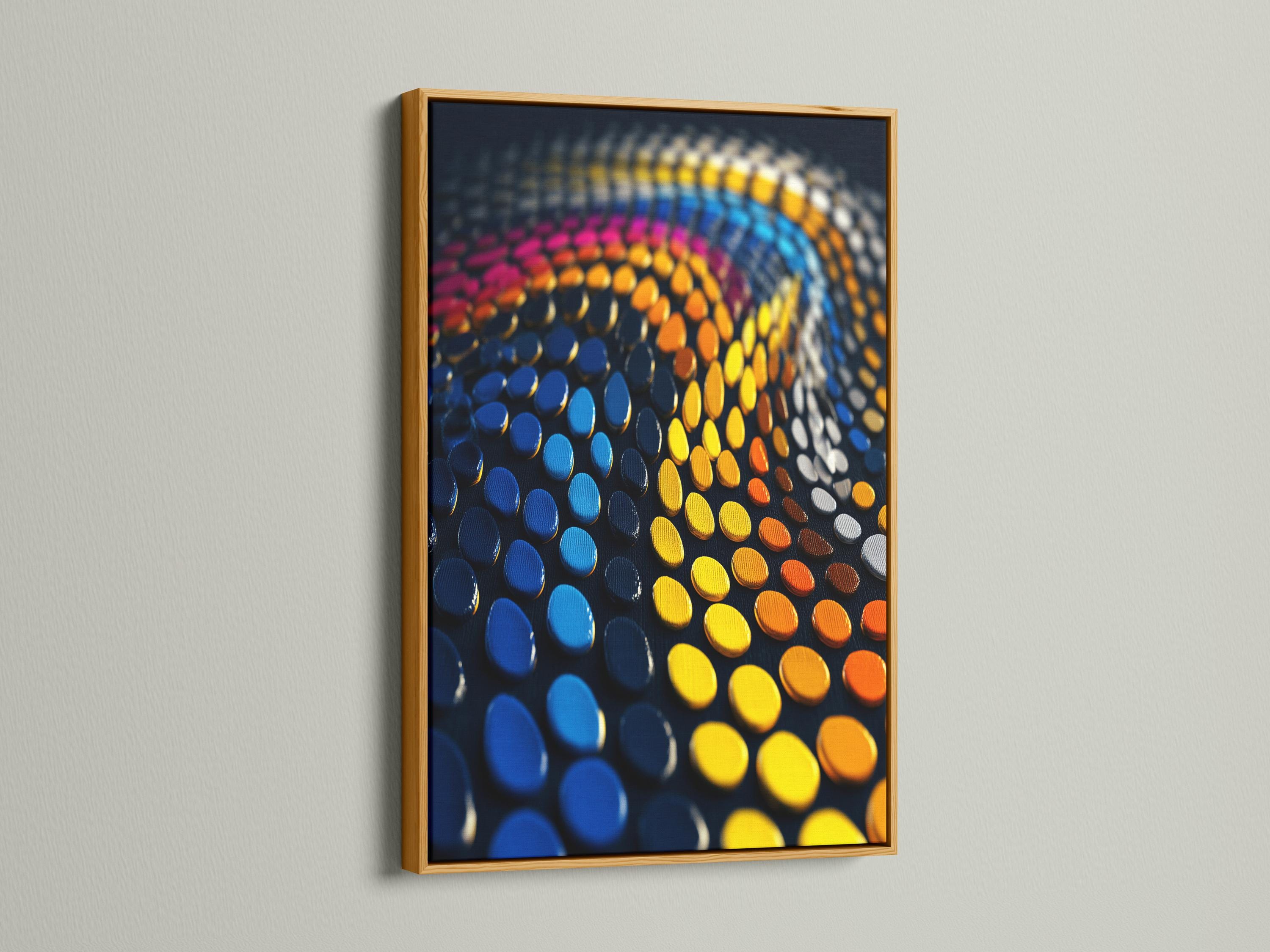 Abstract dots wave in blue, purple, yellow and orange on a dark background detail view