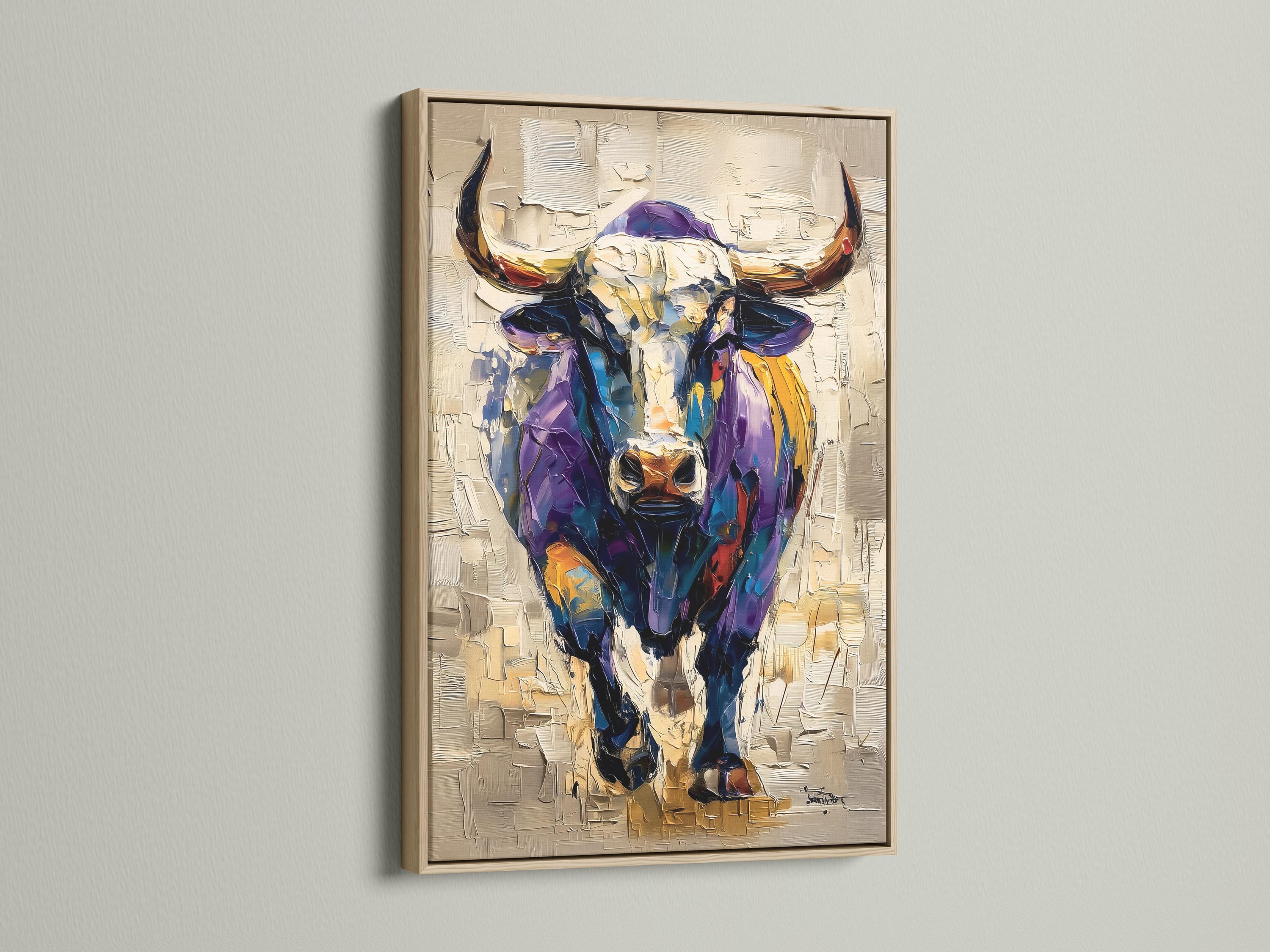 Stylised bull portrait with purple and blue tones, gold accents and a textured beige background detail view