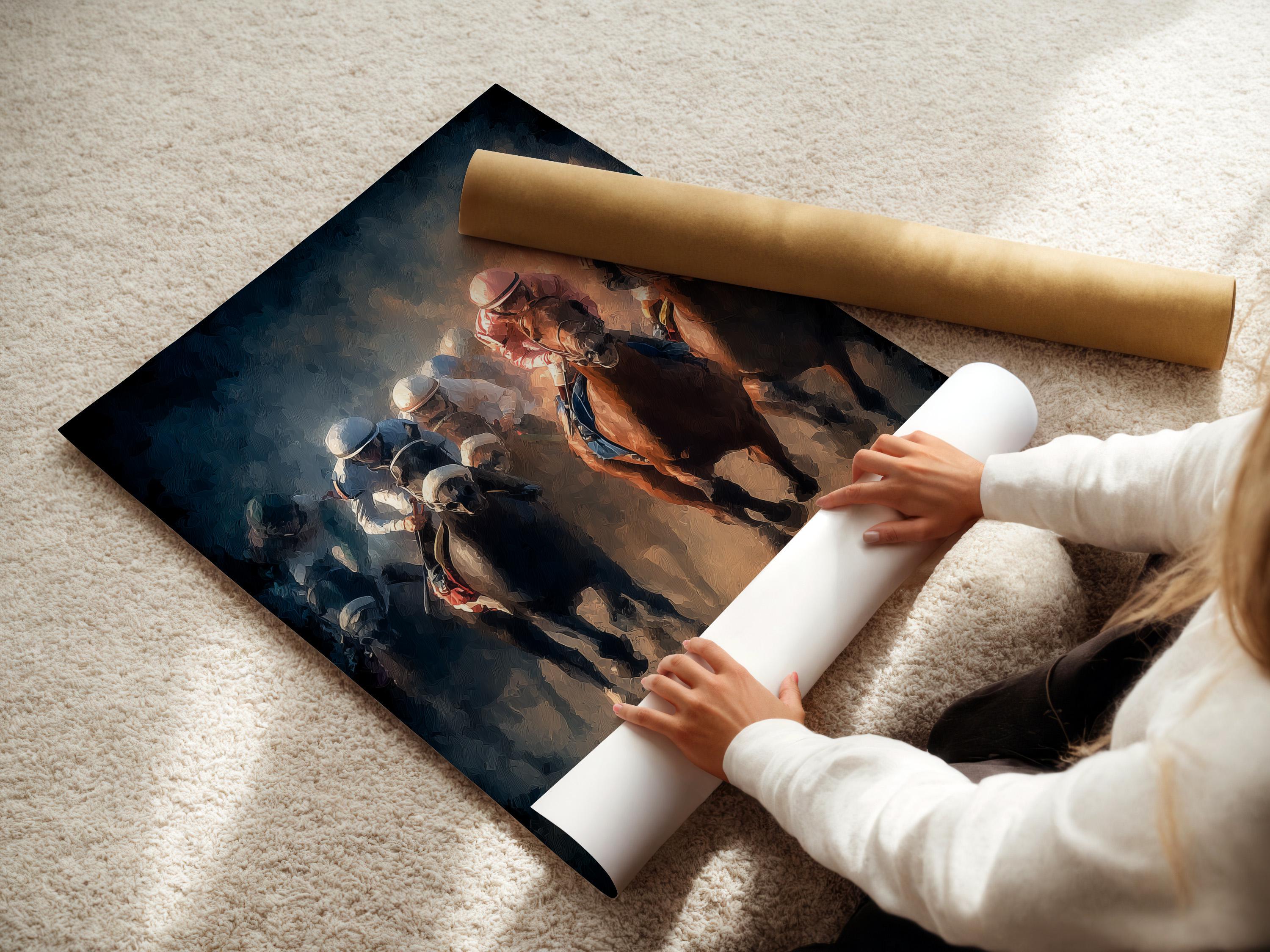 Horse racing artwork showing jockeys riding racehorses in smoky blue haze with warm orange highlights detail view