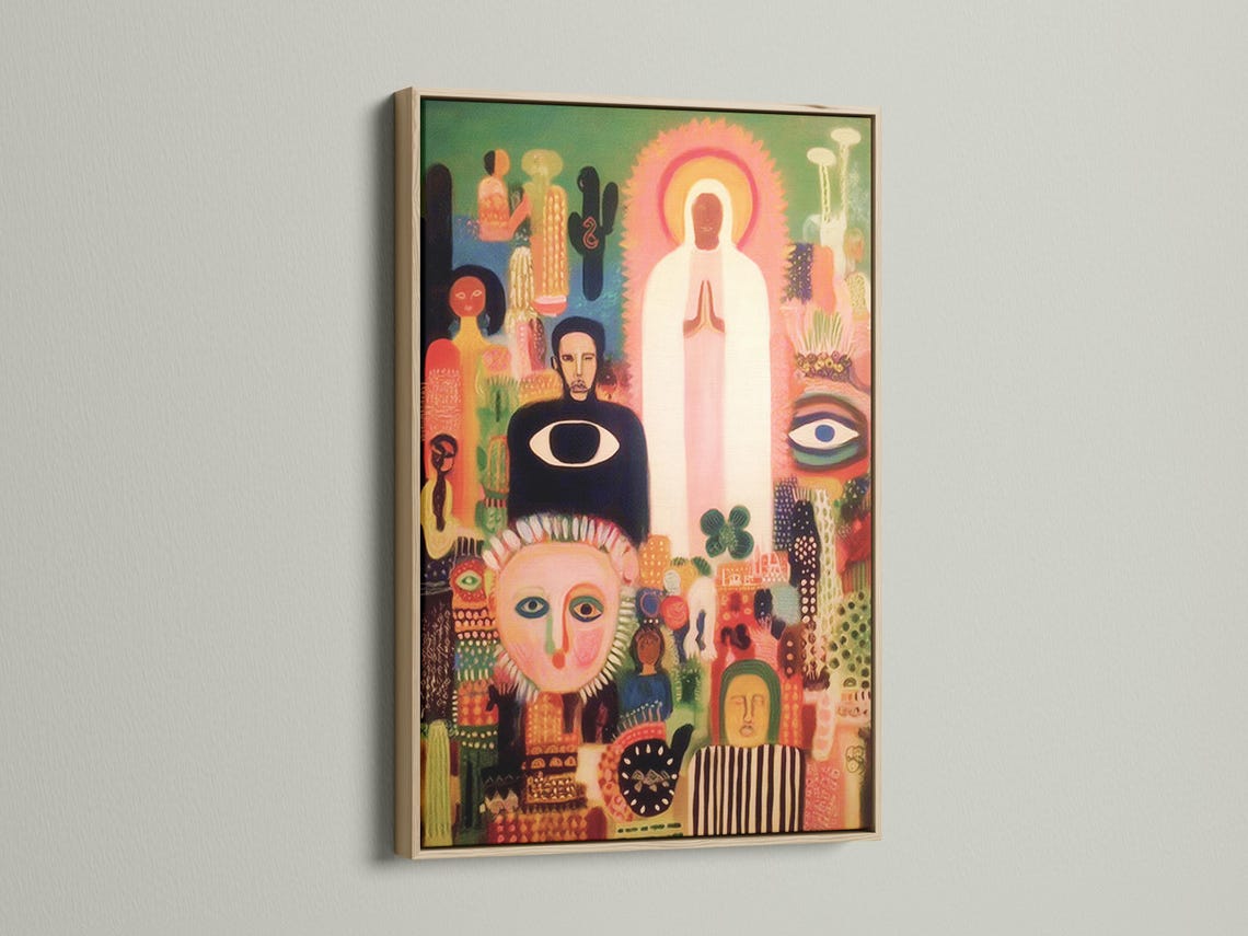 Sunburst halo abstract faces artwork with pink, green and gold figures detail view