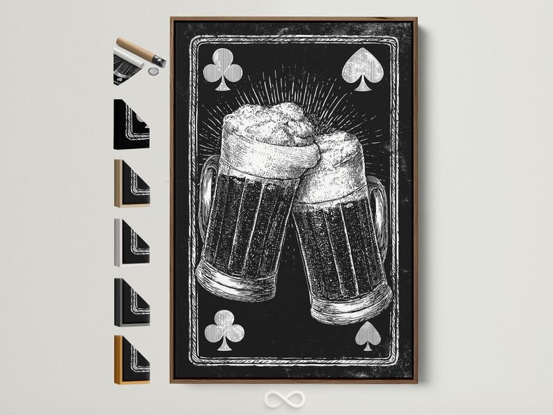 Monochrome illustration of two beer tankards with club and spade card symbols