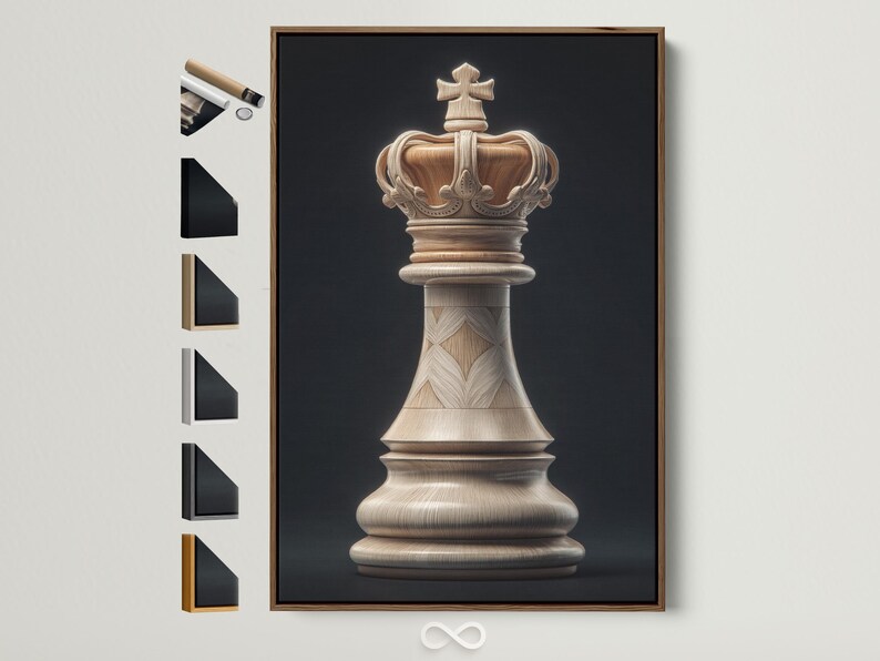 Portrait artwork of a pale wood-textured chess king on a dark charcoal background