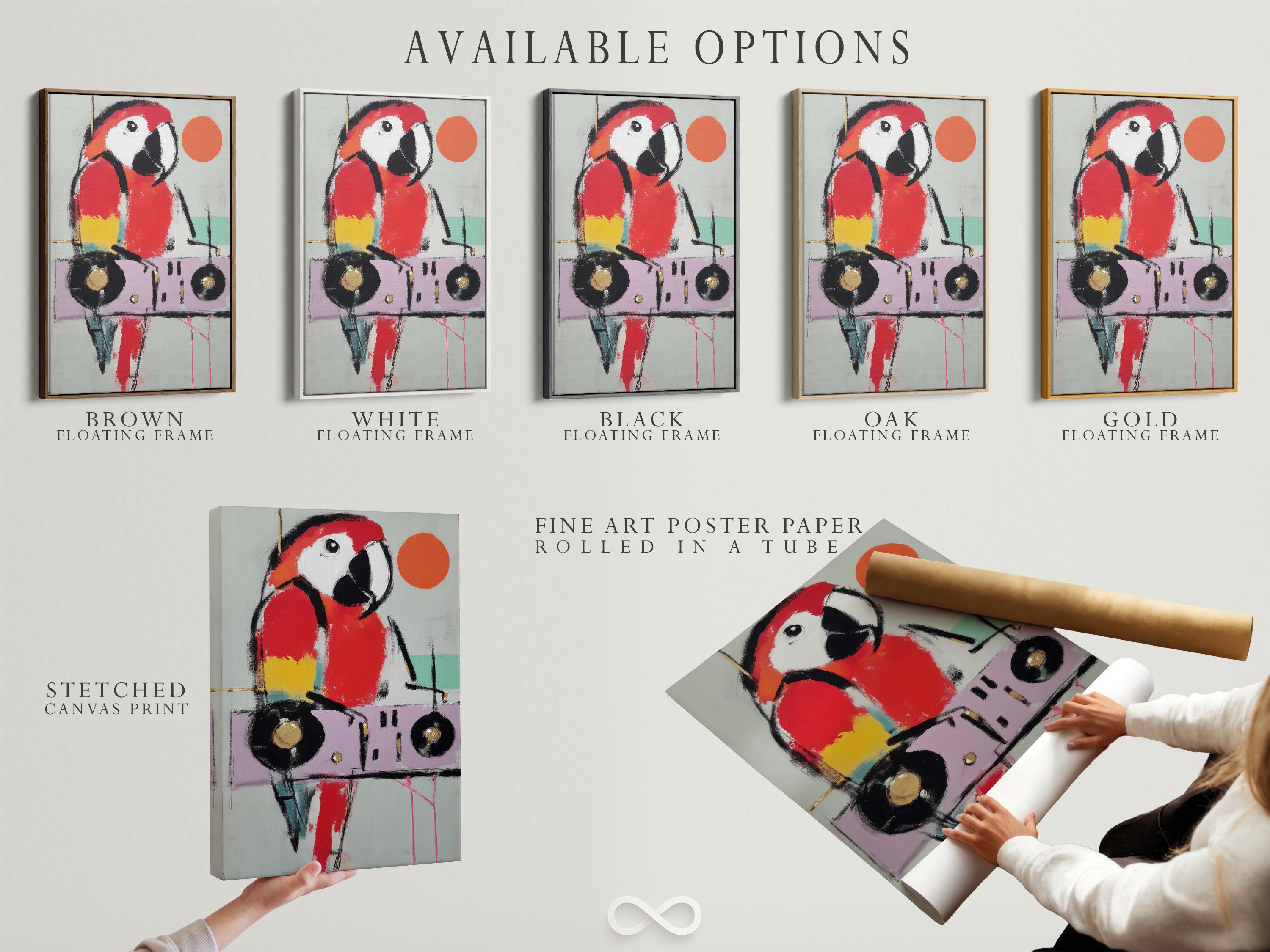 Stylised parrot bird portrait in red and black with a large orange circle accent detail view