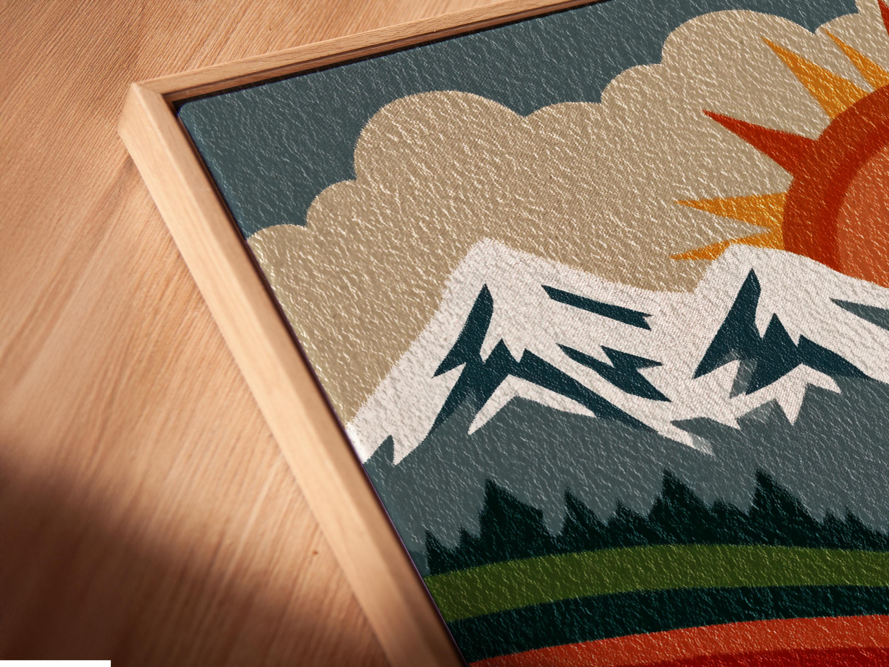A stylised mountain landscape sits beneath a large retro sun, with layered fields of striped colour and jagged ridge lines detail view