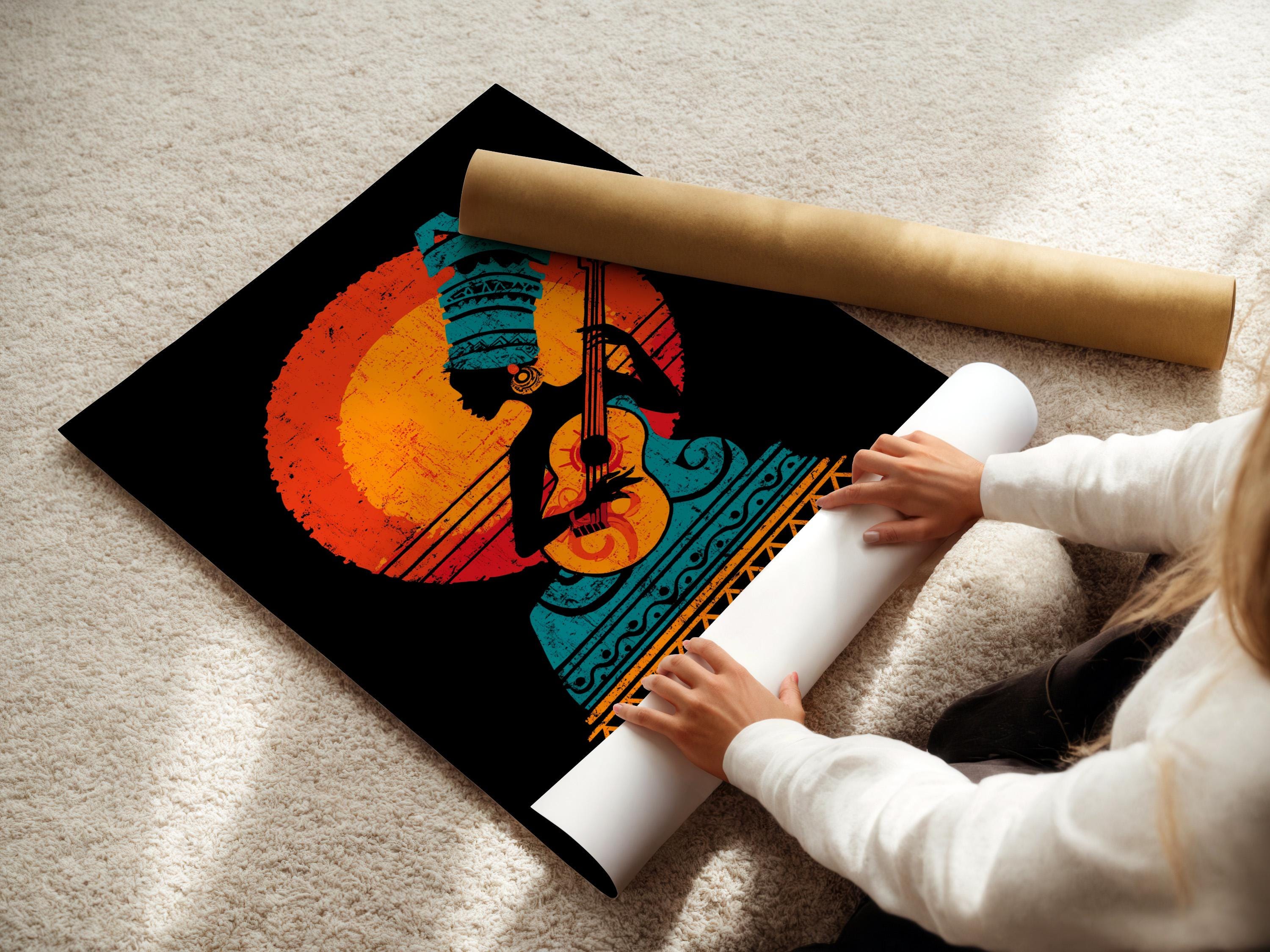 Stylised guitar player silhouette with orange-red sunburst and teal tribal pattern on a black background detail view