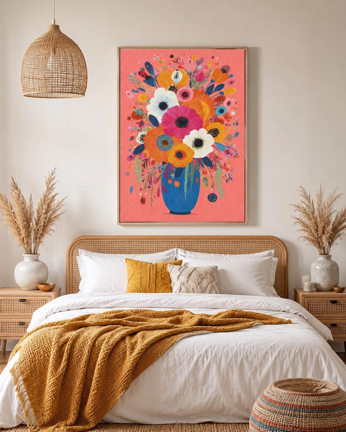 Stylised floral bouquet with large pink flowers in a blue vase on a coral background detail view