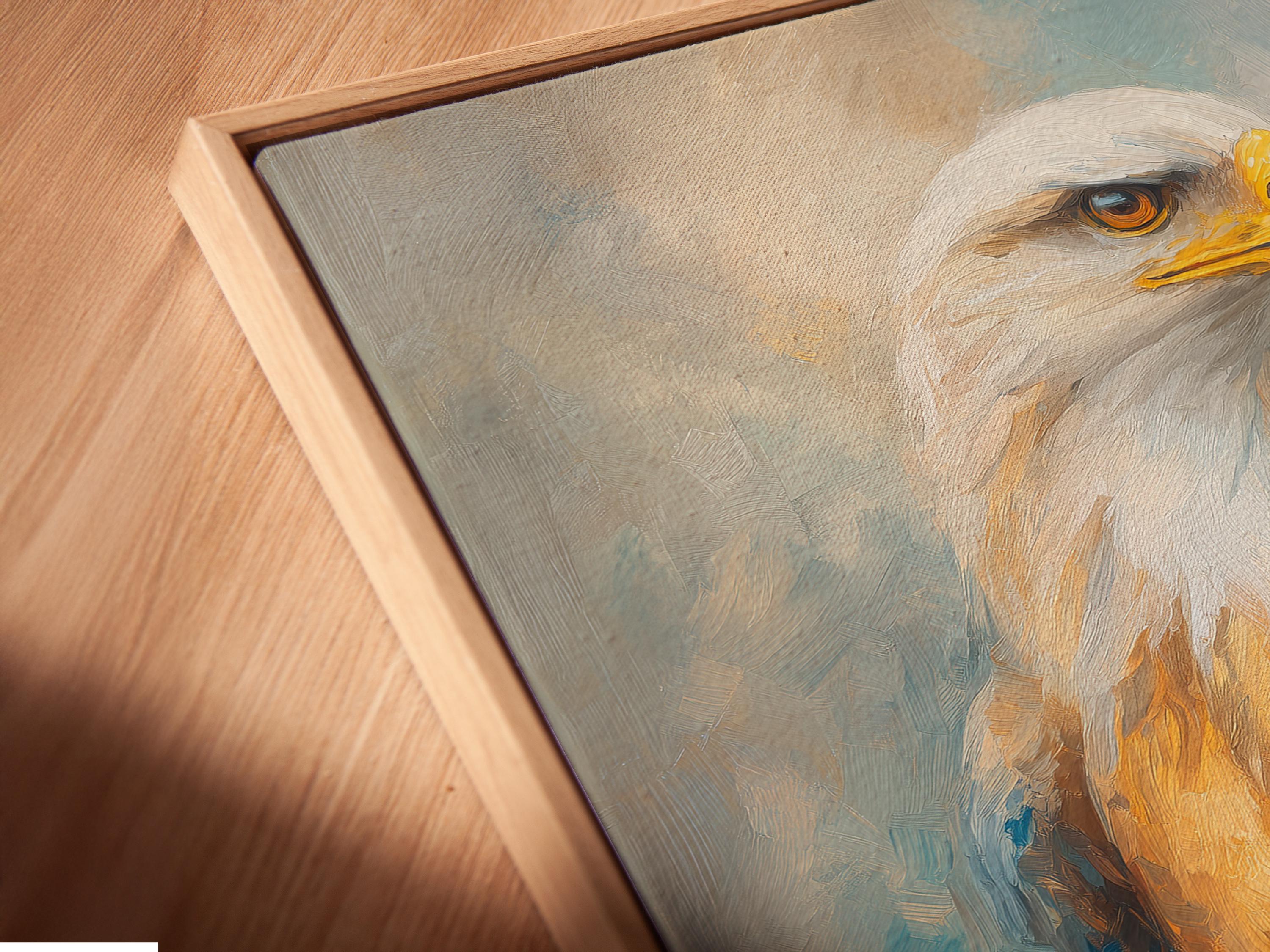 Room mockup showing framed eagle wall art with teal-blue and gold tones