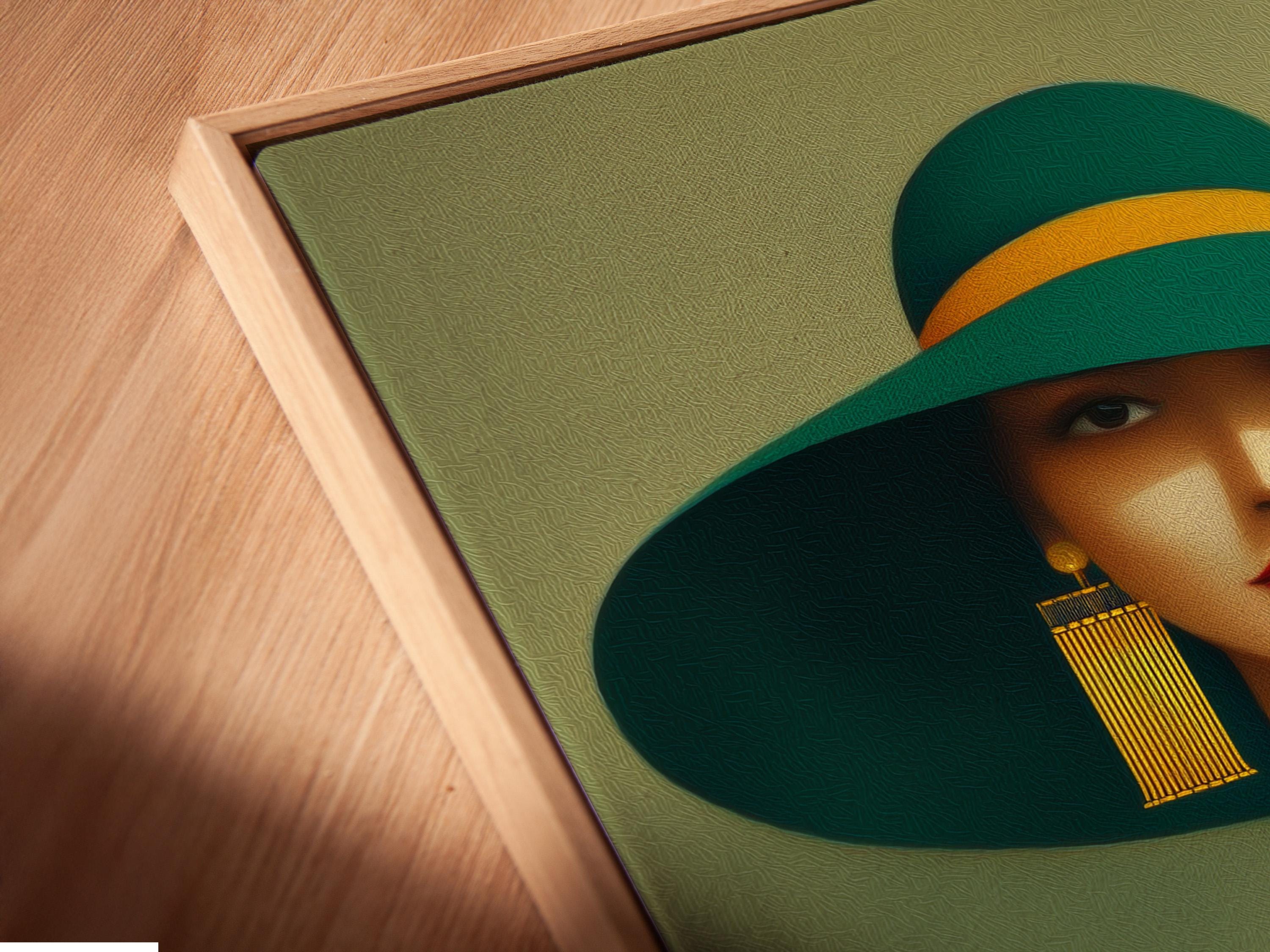 Mockup of a framed stylised woman portrait with a wide green hat and teal outfit