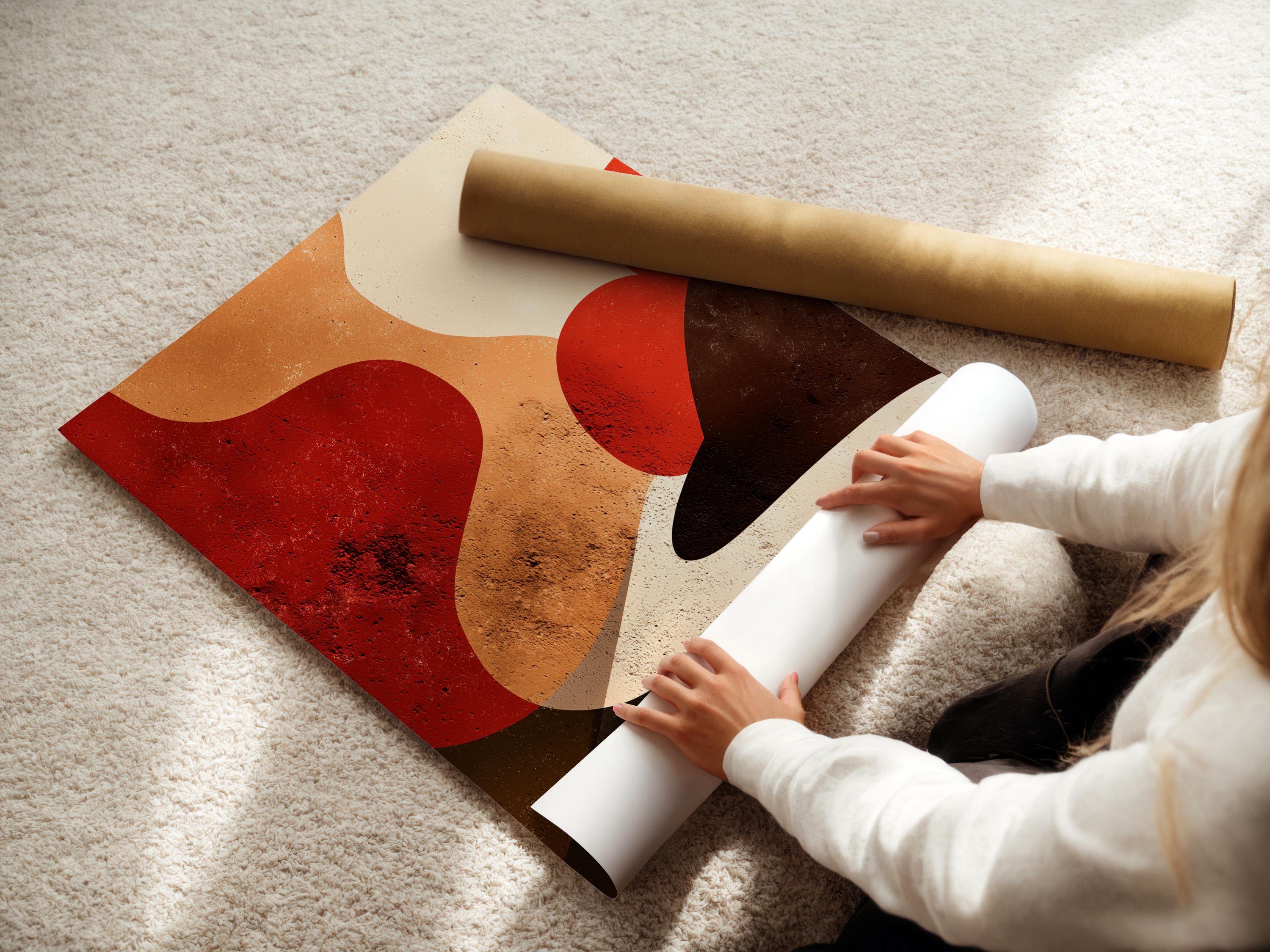 Warm terracotta abstract geometric artwork with rounded curved shapes and cream background detail view