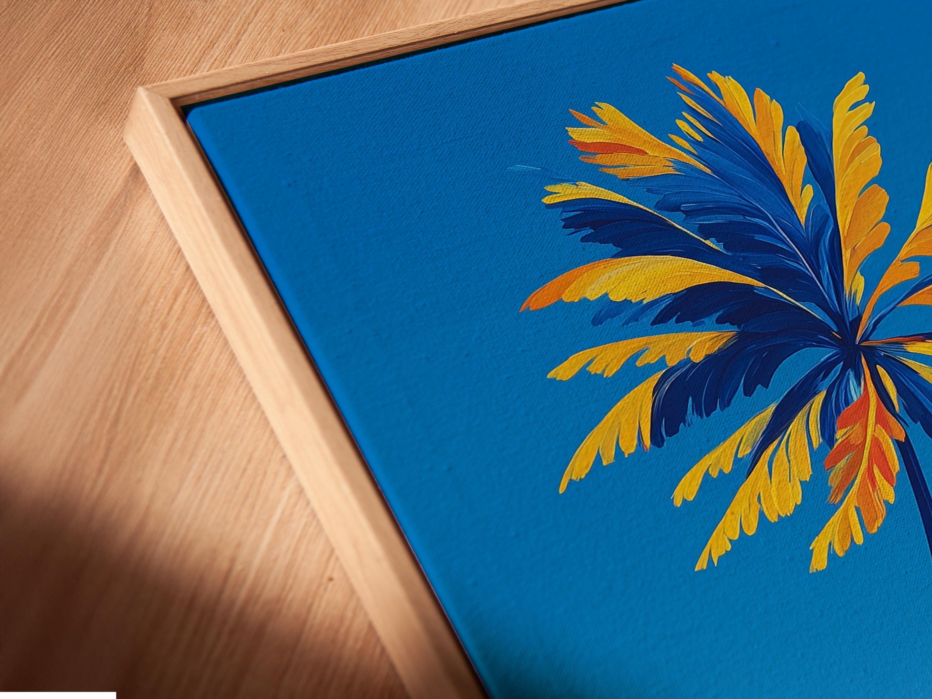 Room mockup showing a framed tropical beach seascape with palm tree, ocean waves and sandy shore