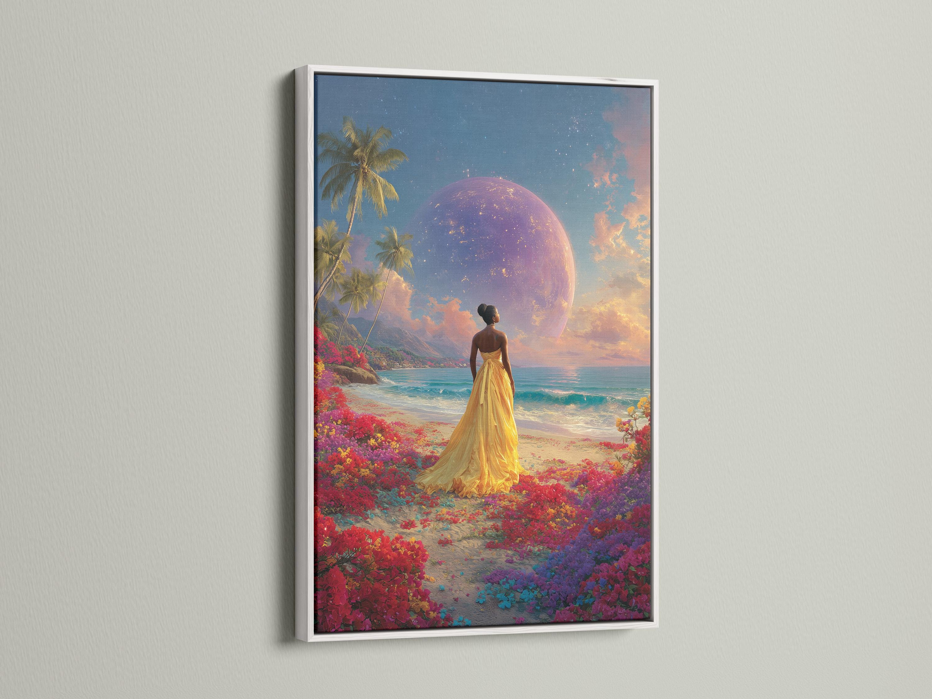 Room scene with a woman in a gold dress tropical beach artwork leaning against a wall