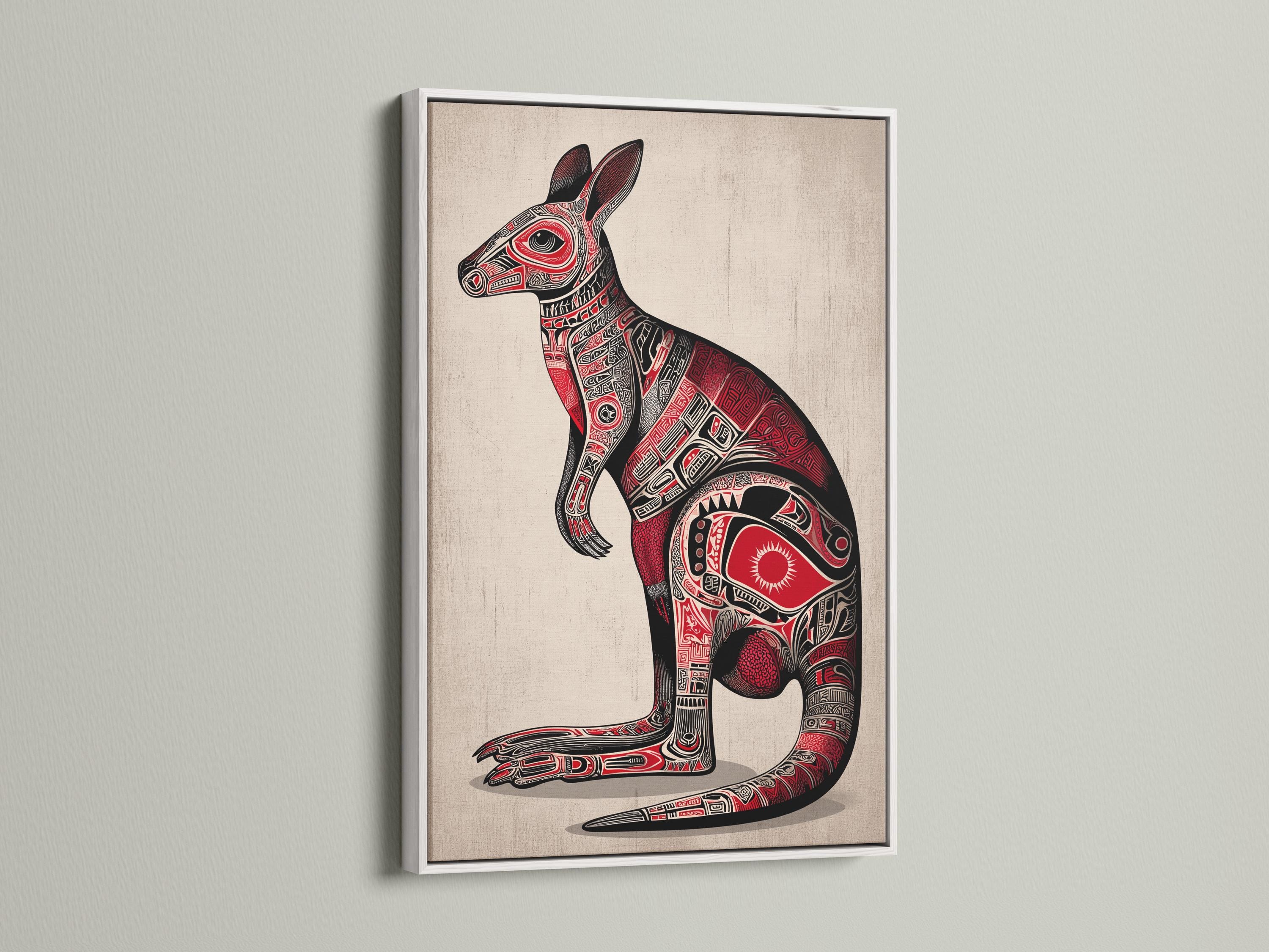 Stylised kangaroo illustration in black and red with detailed tribal patterns detail view