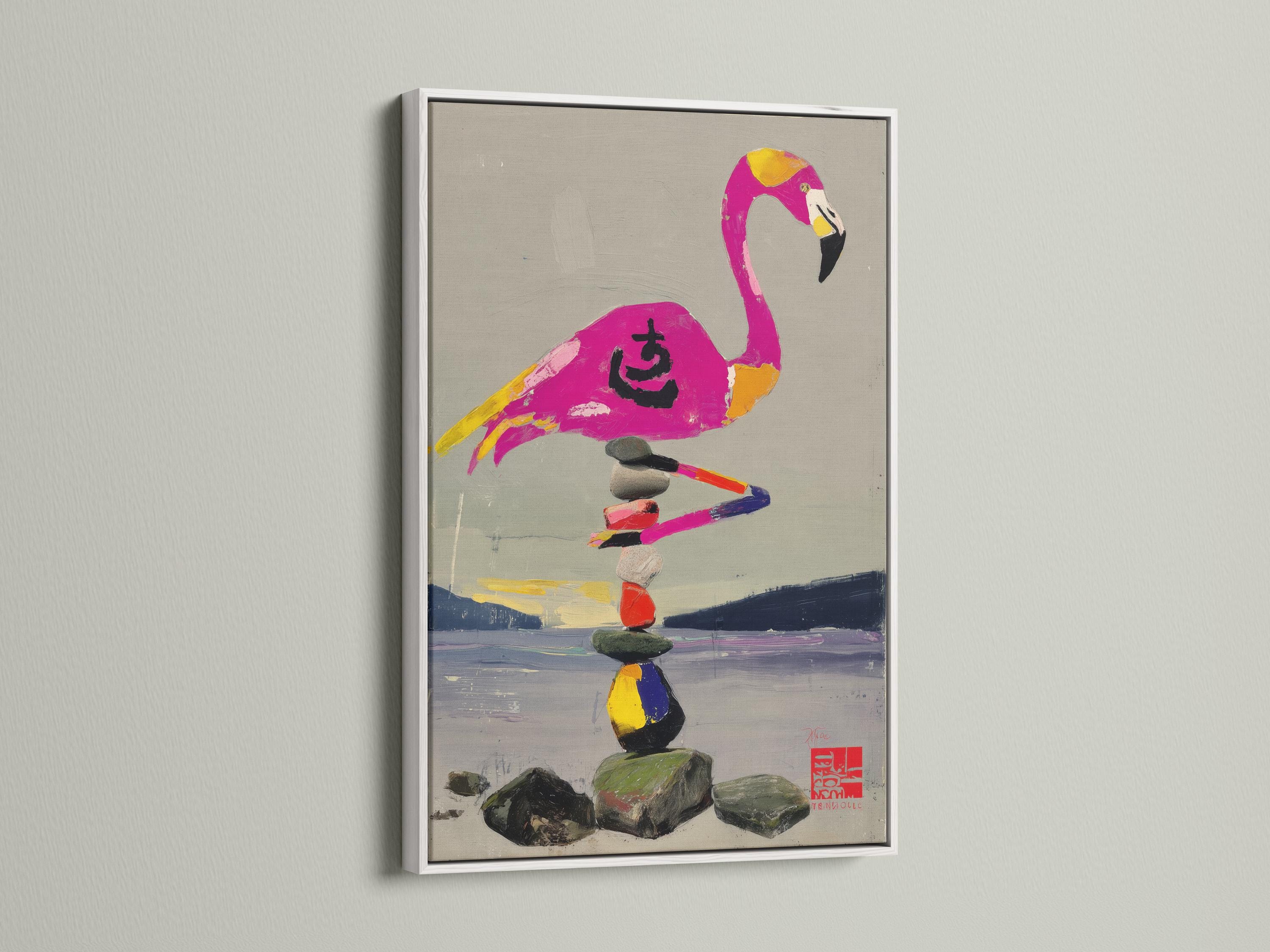 Stylised pink flamingo balancing on a stack of multicoloured stones detail view