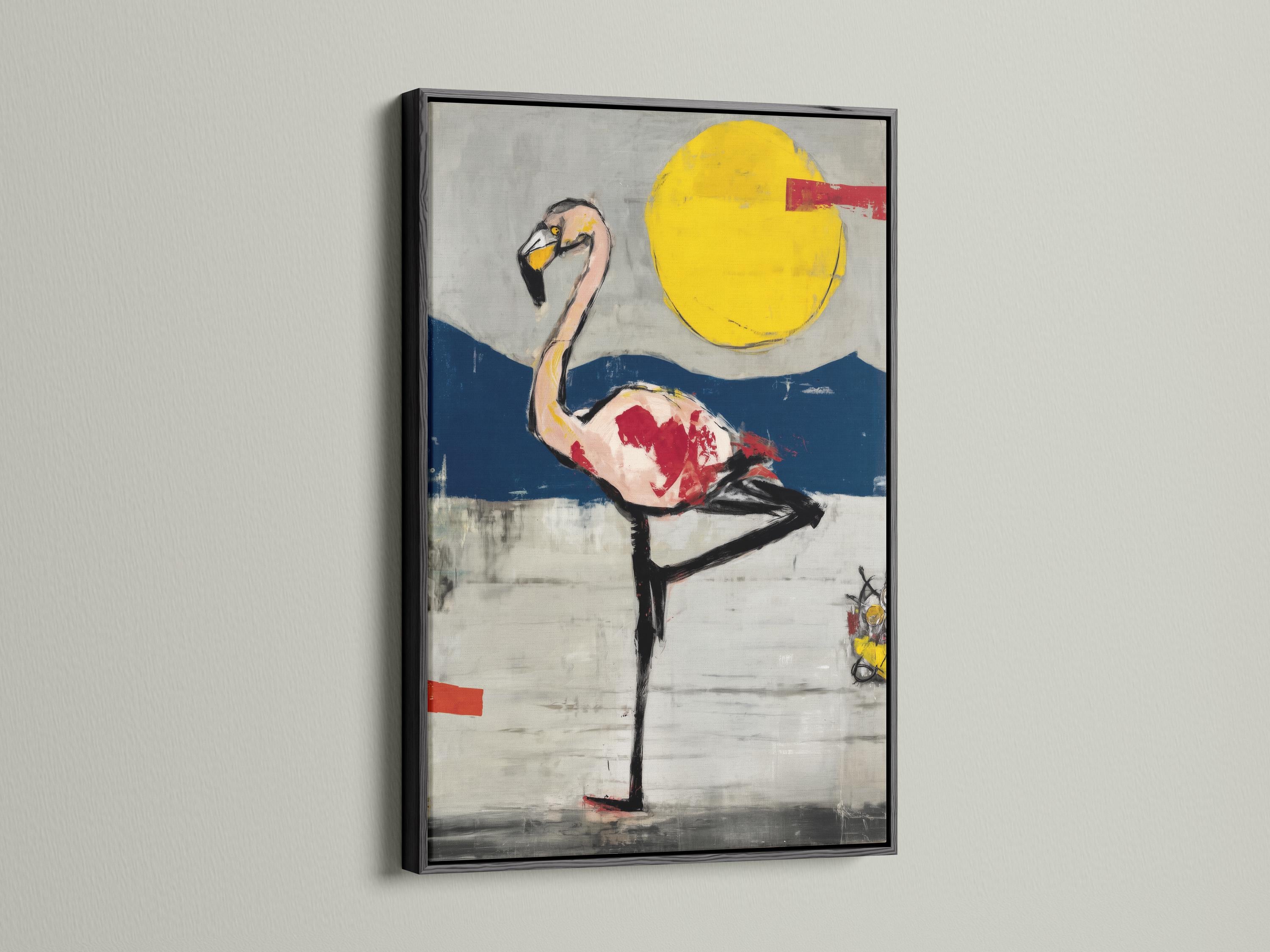 Room mockup showing a framed flamingo artwork with a yellow sun and navy blue horizon