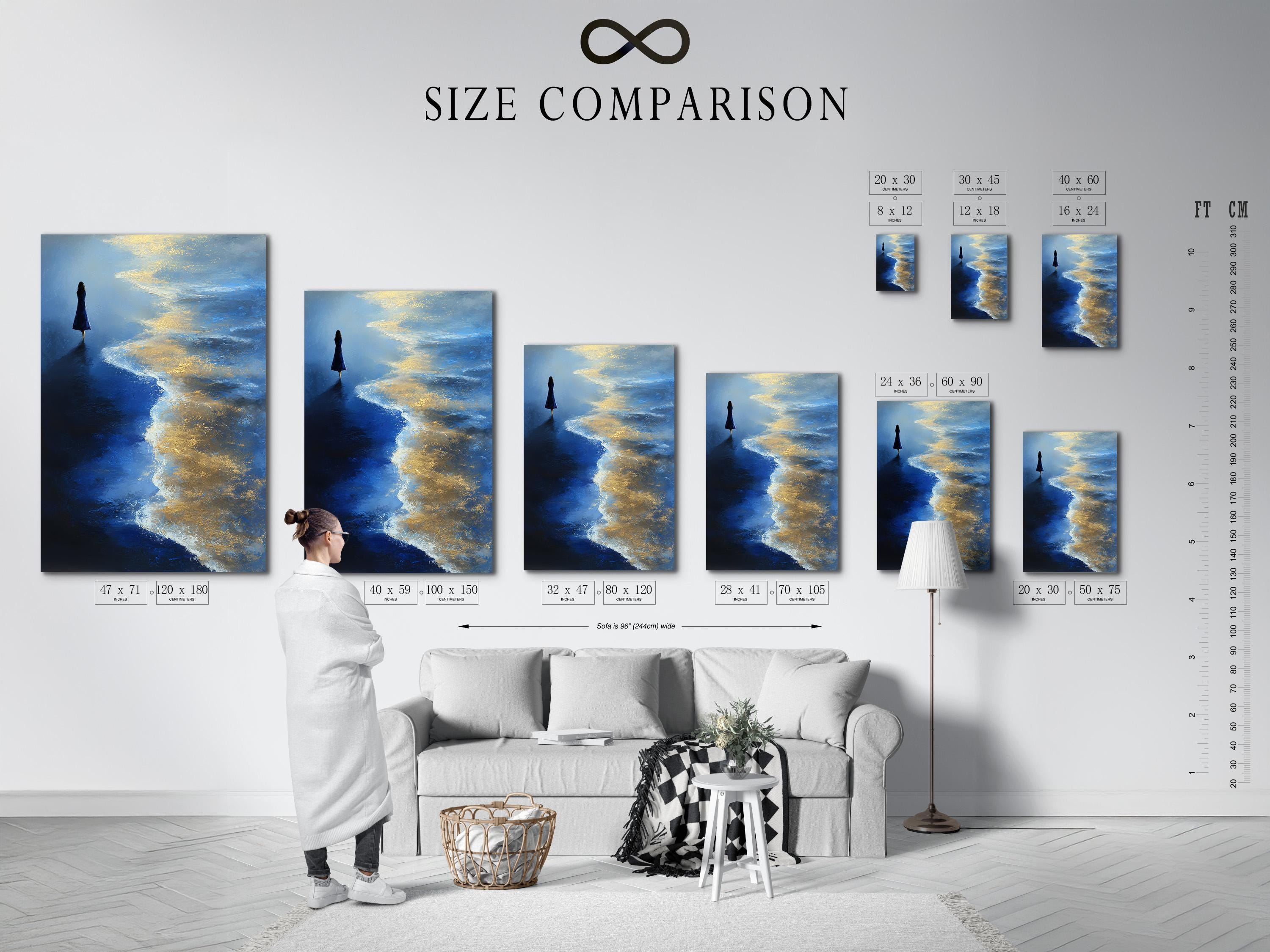 Painterly seascape with a lone silhouette standing in a blue ocean under glowing gold and ivory clouds detail view
