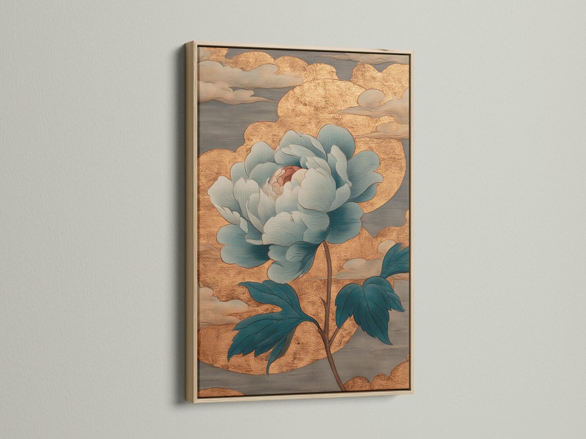 Teal and gold floral artwork with layered petals and leaves on a textured gold background detail view