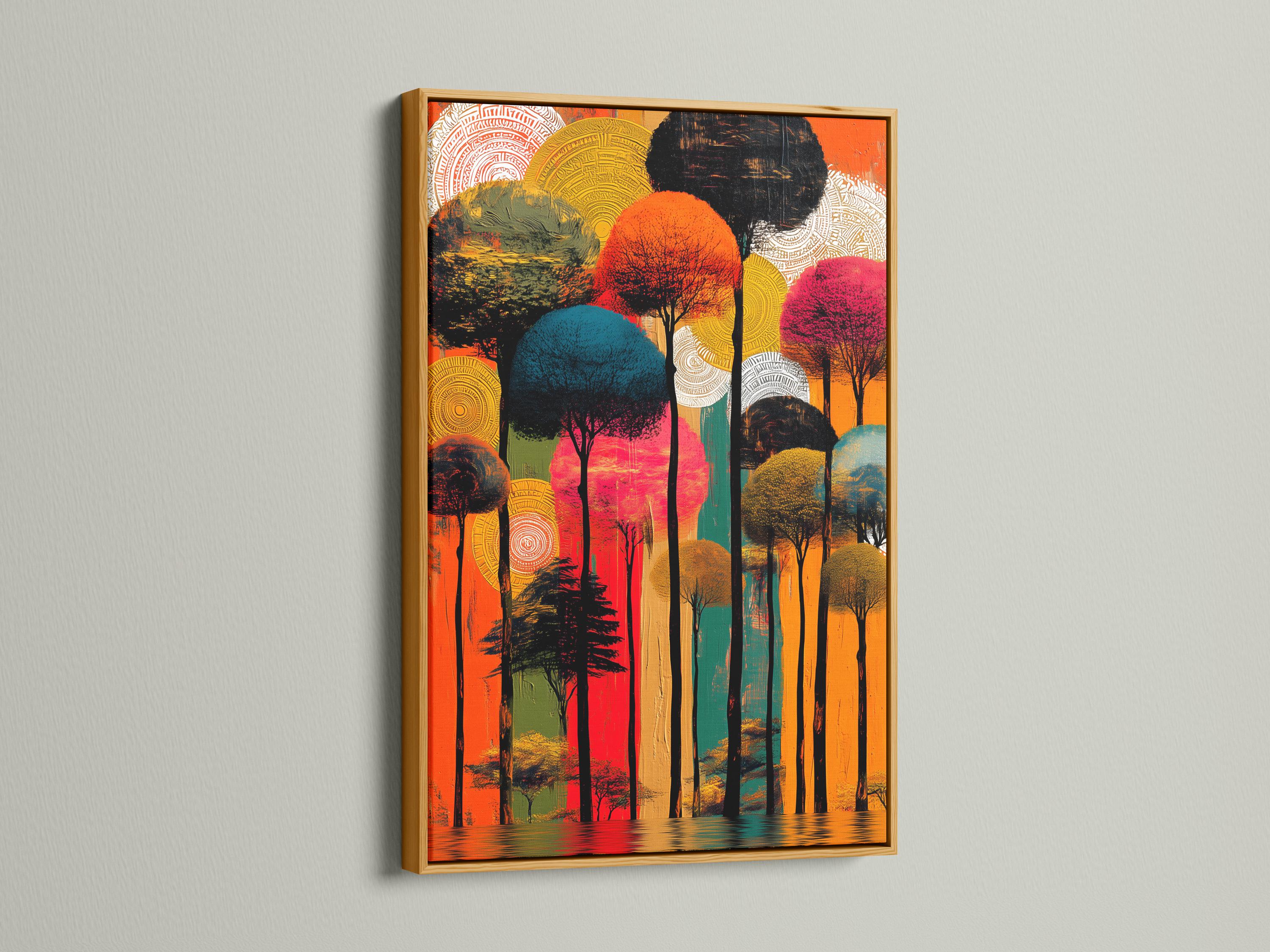 Wall mockup featuring an abstract forest artwork with orange and teal tones and circular line patterns