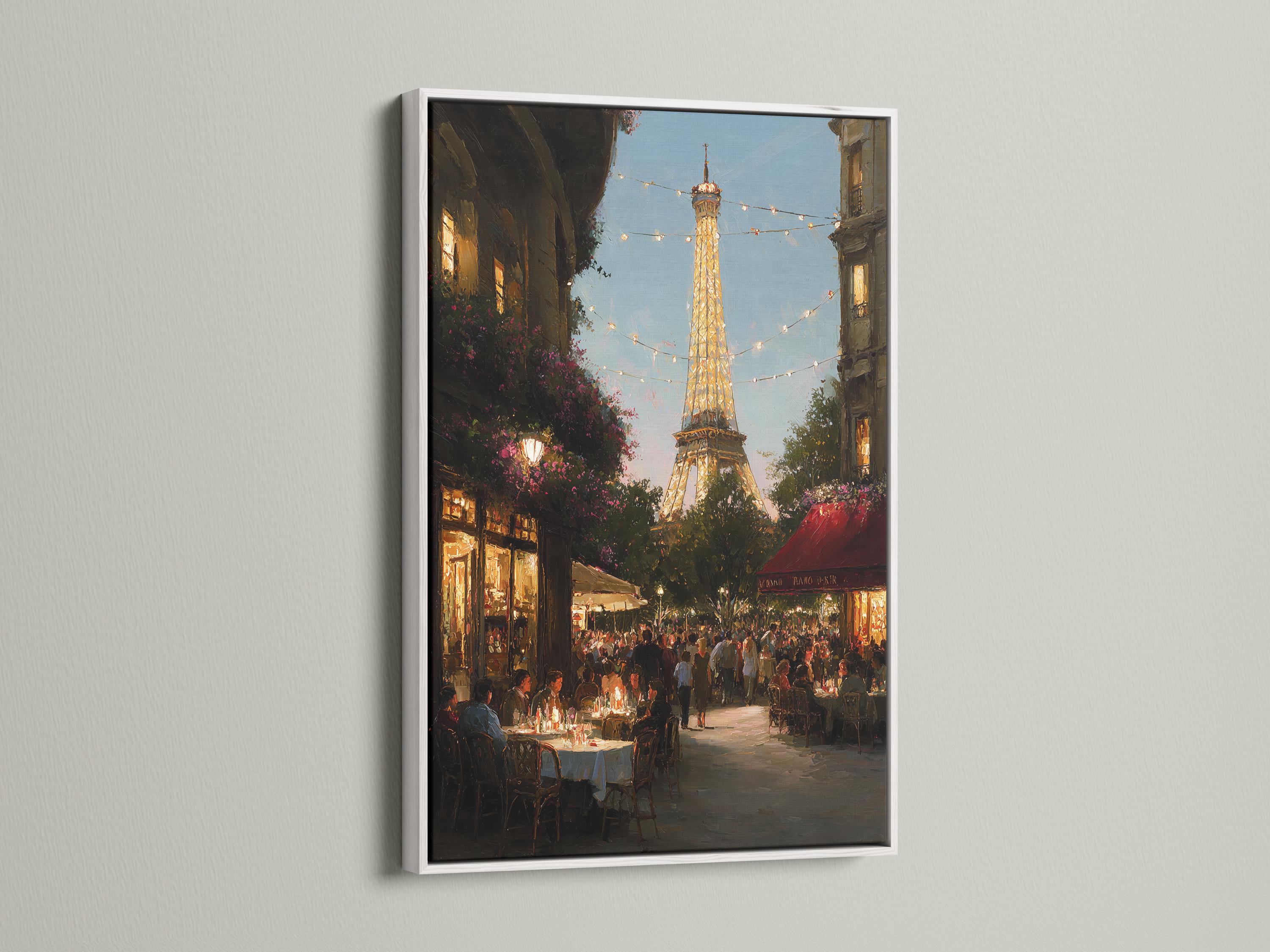Painterly Paris street scene with the illuminated Eiffel Tower and warm string lights detail view