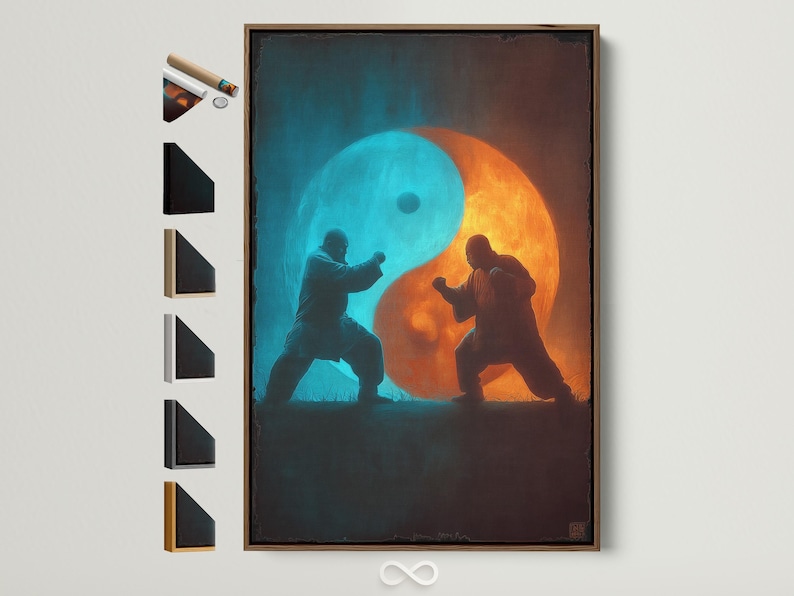 Turquoise and orange yin-yang style artwork with two martial artists facing each other