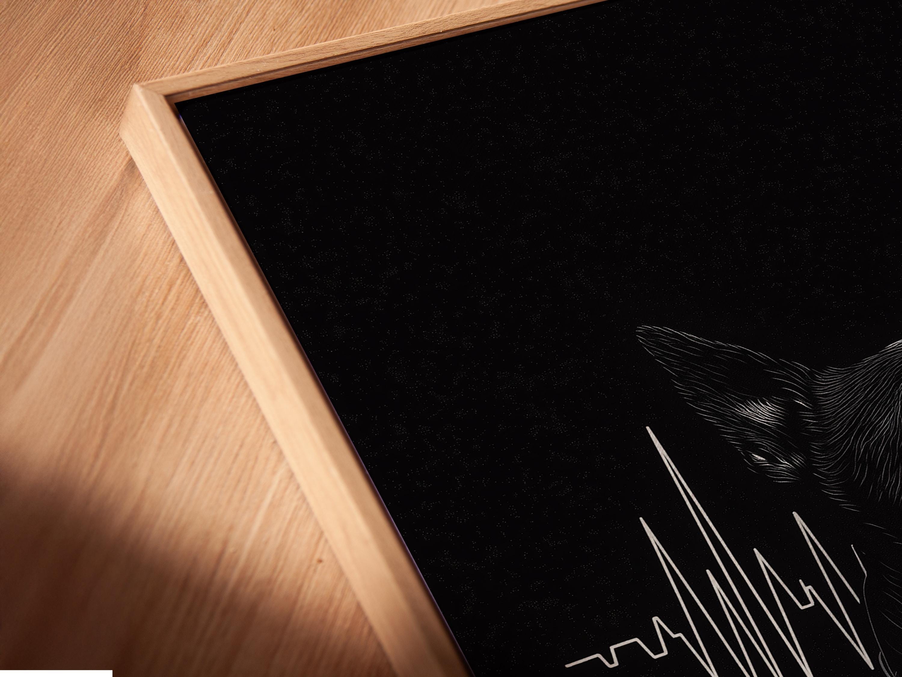 Room mockup showing a framed monochrome dog portrait with a heartbeat waveform on a dark background
