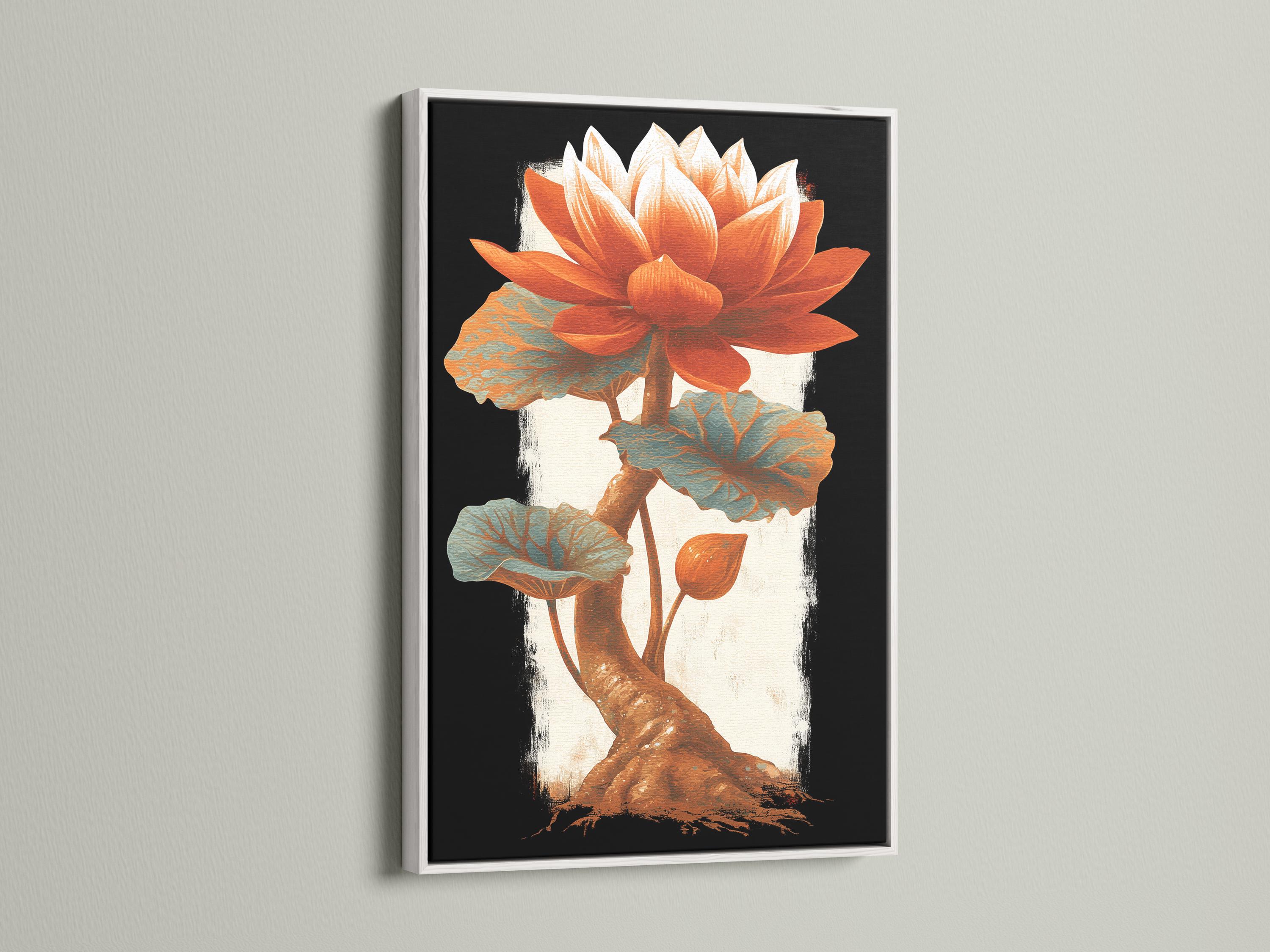Room mockup showing a portrait lotus flower artwork with burnt orange petals and teal leaves
