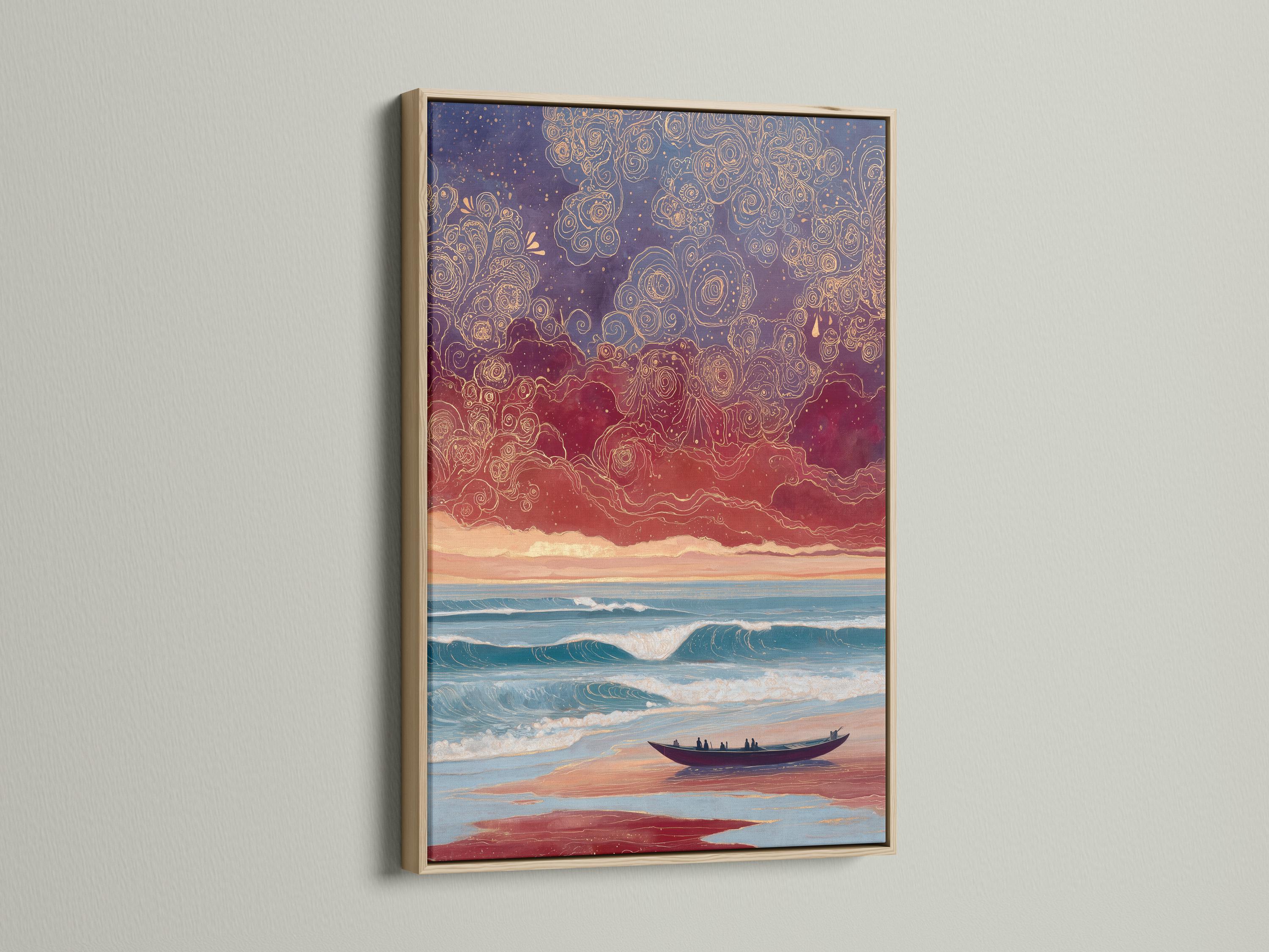 Stylised sunset seascape with teal waves, a sandy beach, a dark boat, and swirling gold rose linework in the purple sky detail view