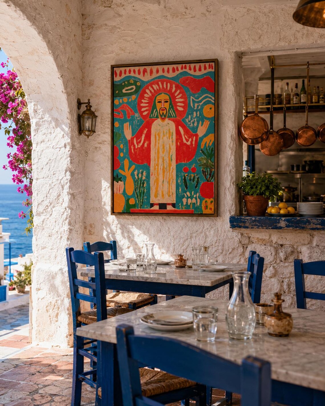 Religious sacred figure artwork displayed above a decorative console in a living room