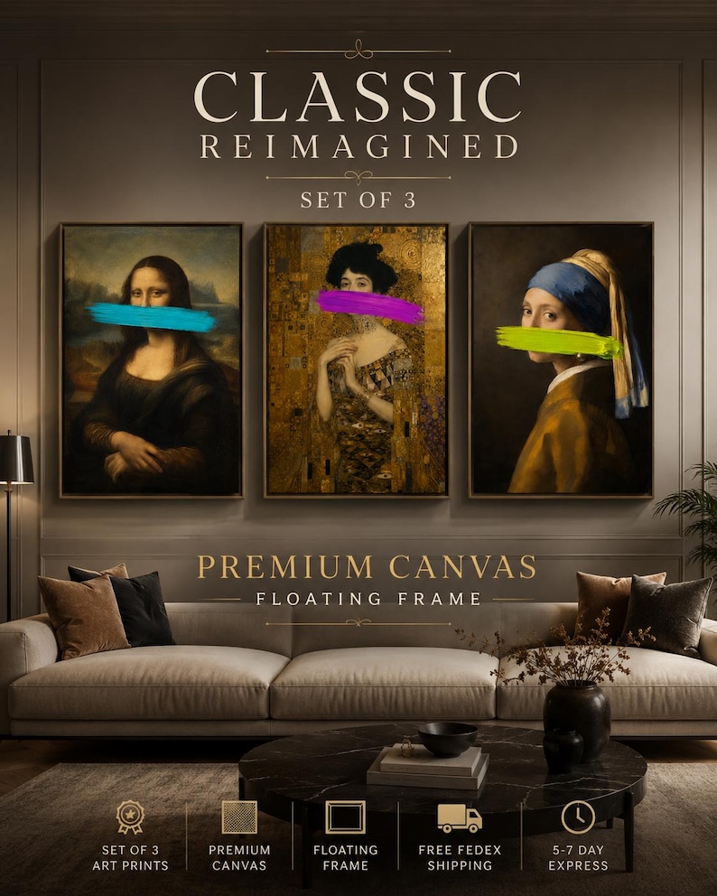 Three framed portrait artworks with neon turquoise, magenta and lime brush strokes across faces