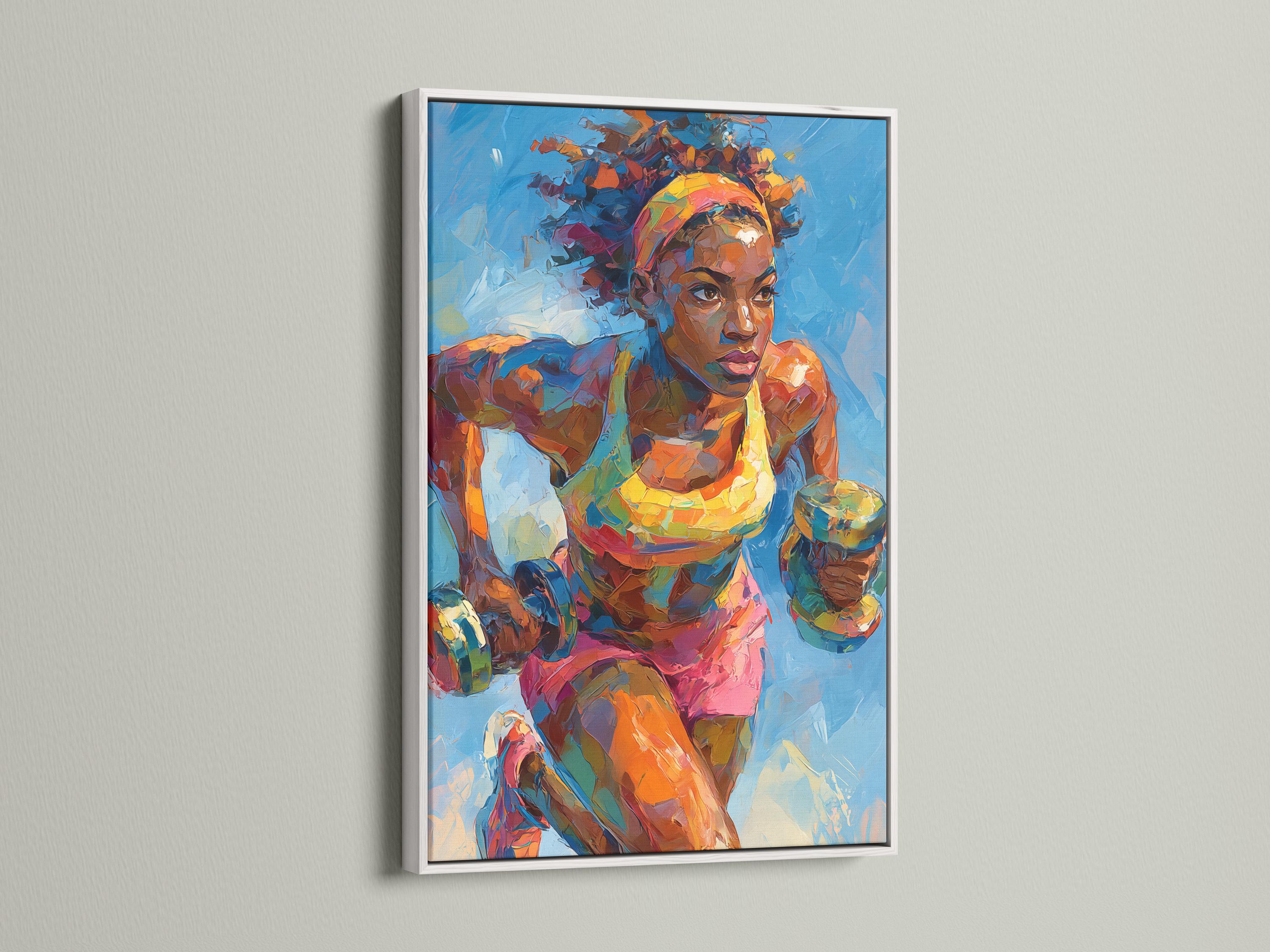 Stylised athlete in a boxing-style pose with vivid orange, pink and teal colours on a blue background detail view