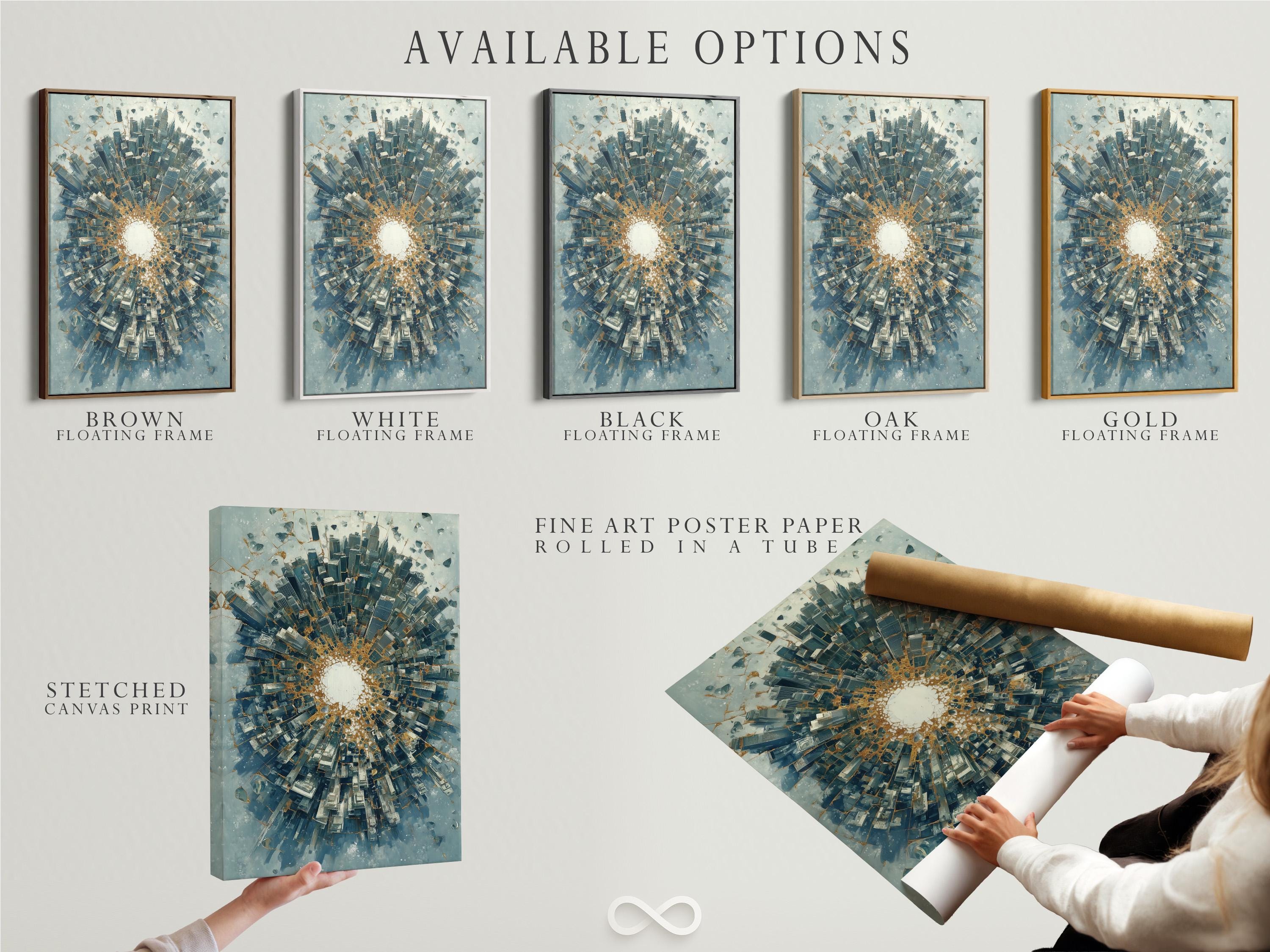 Abstract city tunnel artwork with radiating blue-grey buildings and warm gold accents detail view