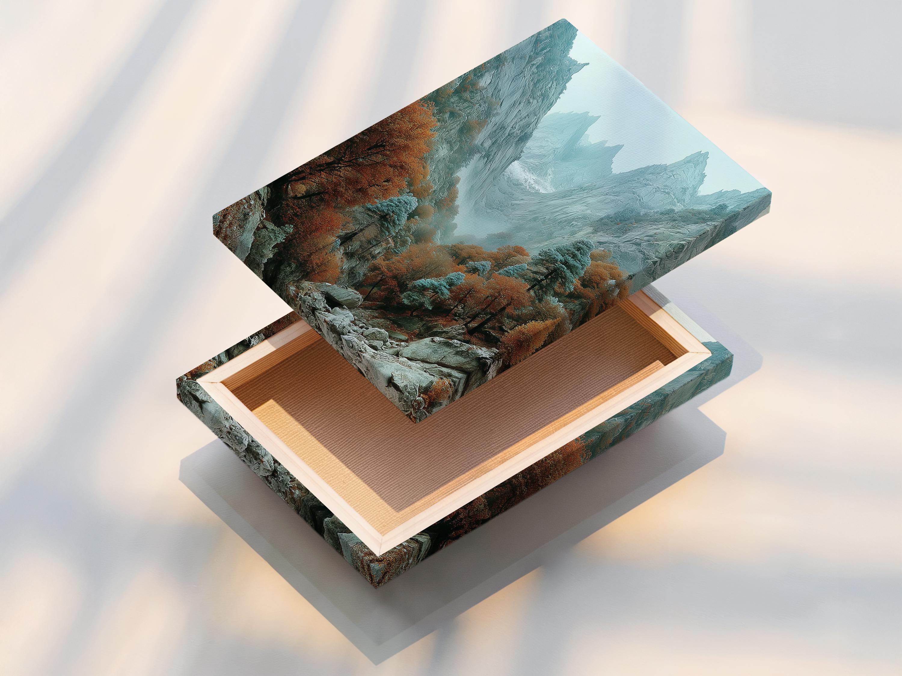Misty mountain valley with rocky cliffs, autumn trees, and teal-grey peaks detail view