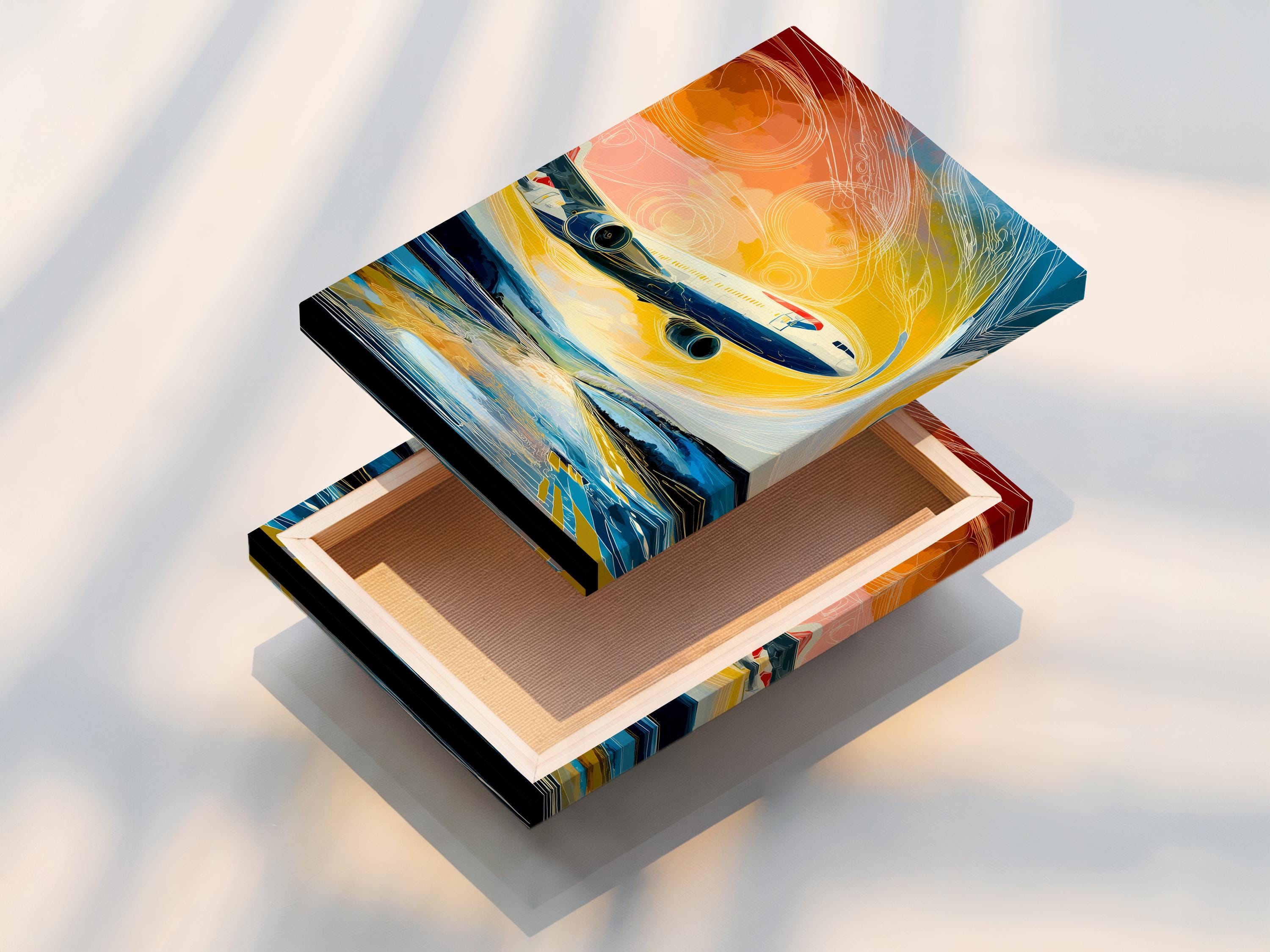 Stylised airplane illustration with swirling yellow, orange and blue lines detail view