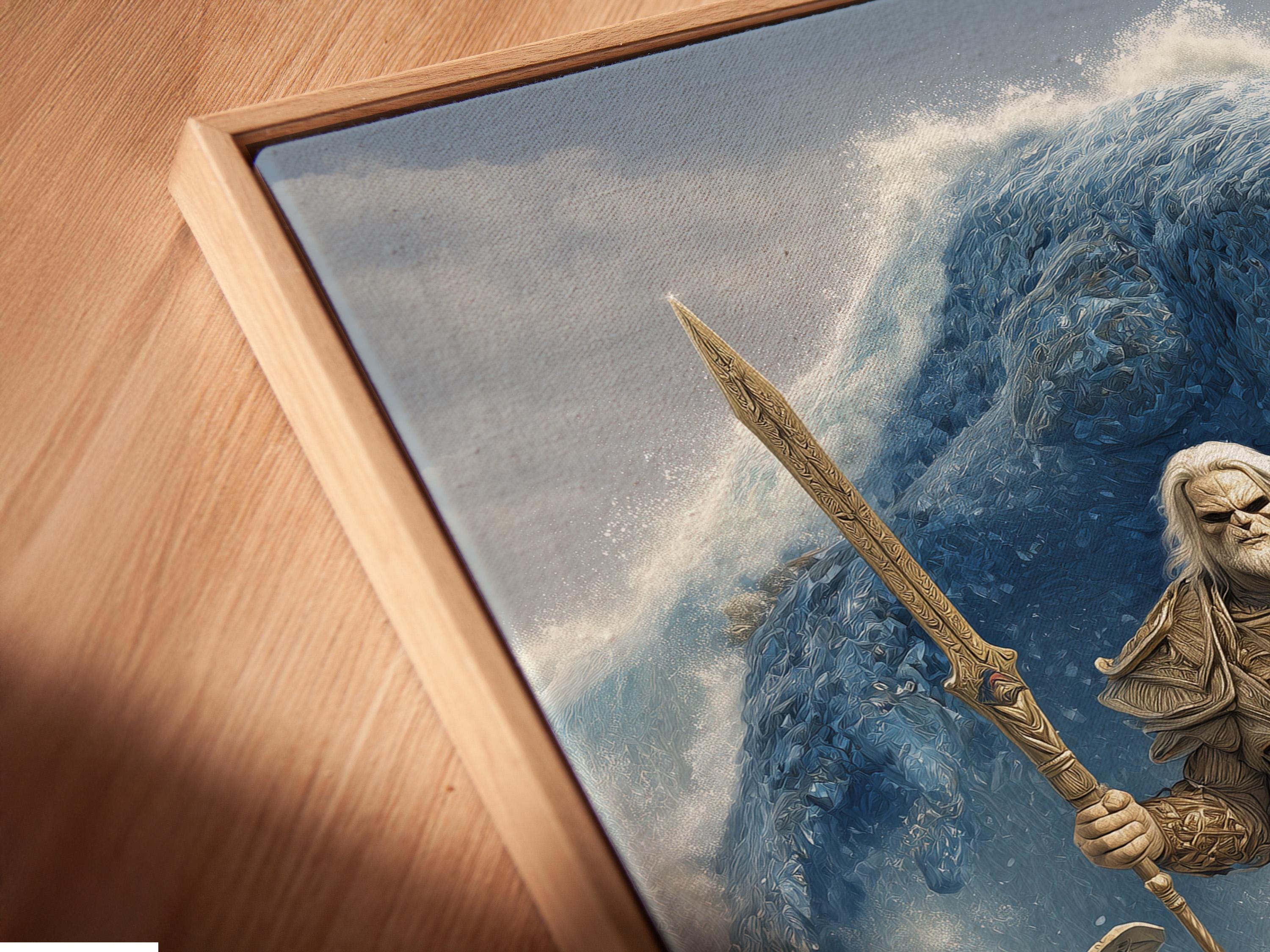 Blue sea monster lunging at a spear-wielding warrior in a stormy fantasy battle scene detail view