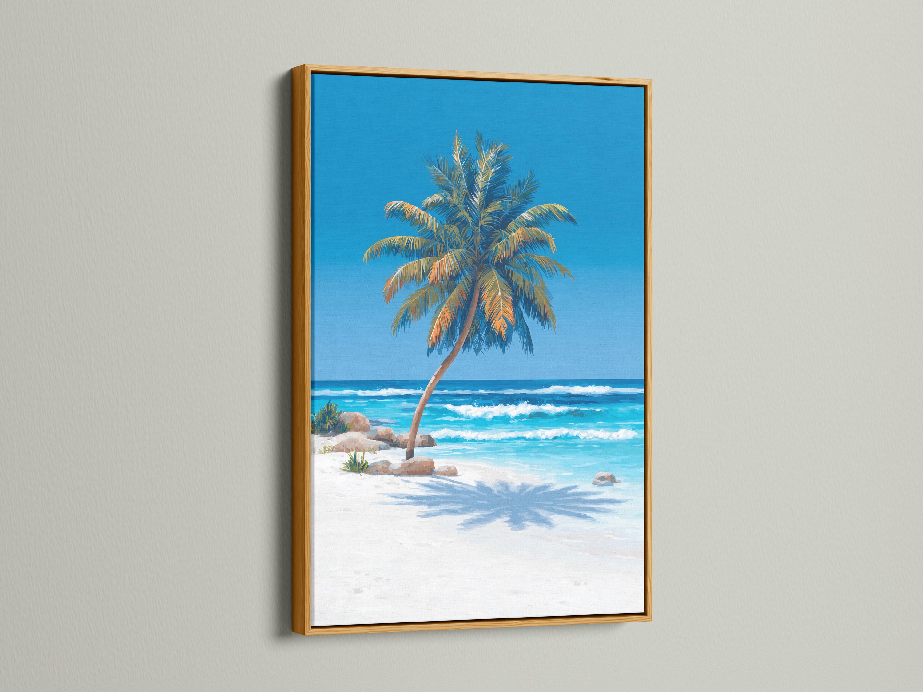 Tropical beach scene with a palm tree, turquoise ocean waves, and a blue sky detail view