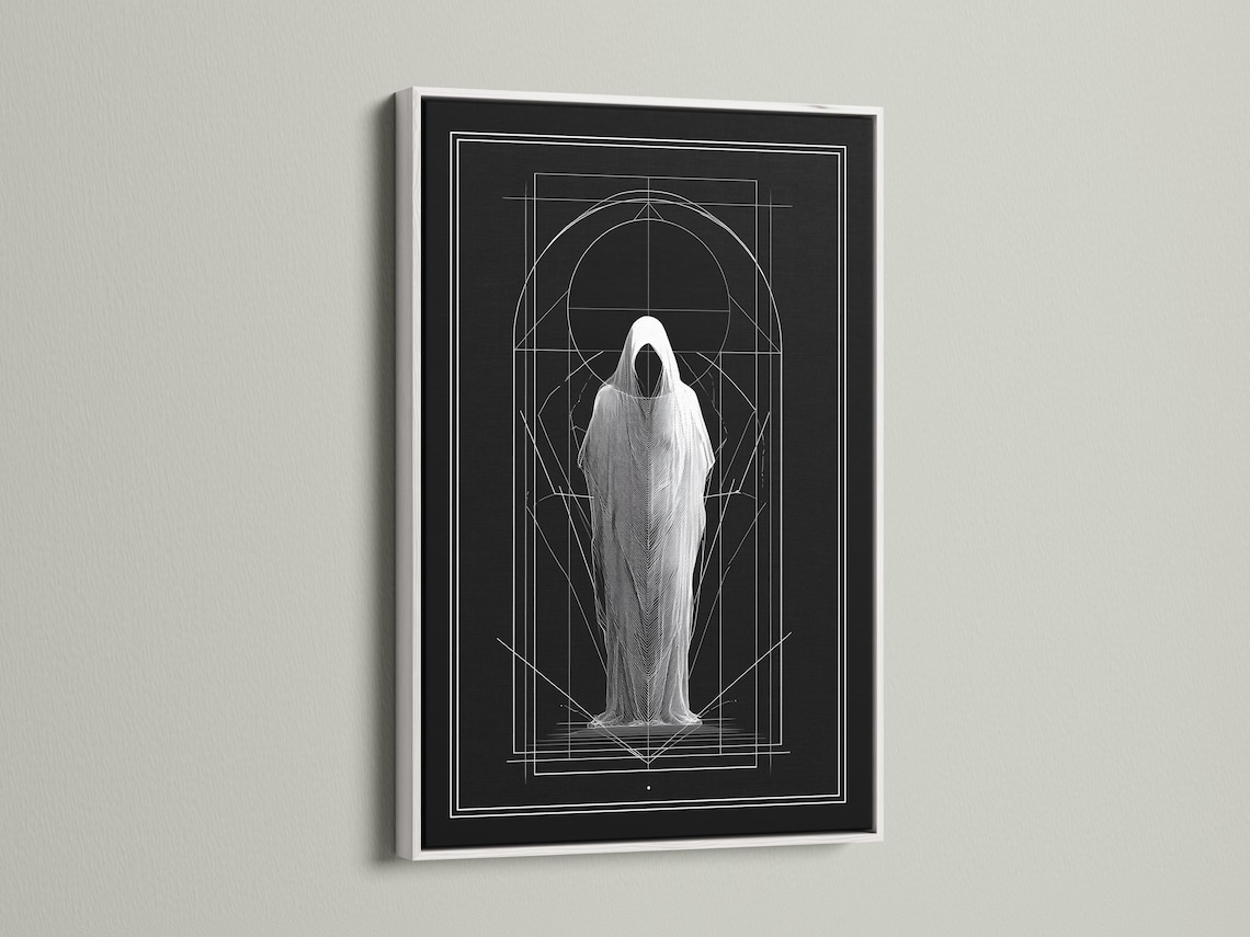 Monochrome geometric drawing of a hooded figure with white arch and grid lines on dark background detail view