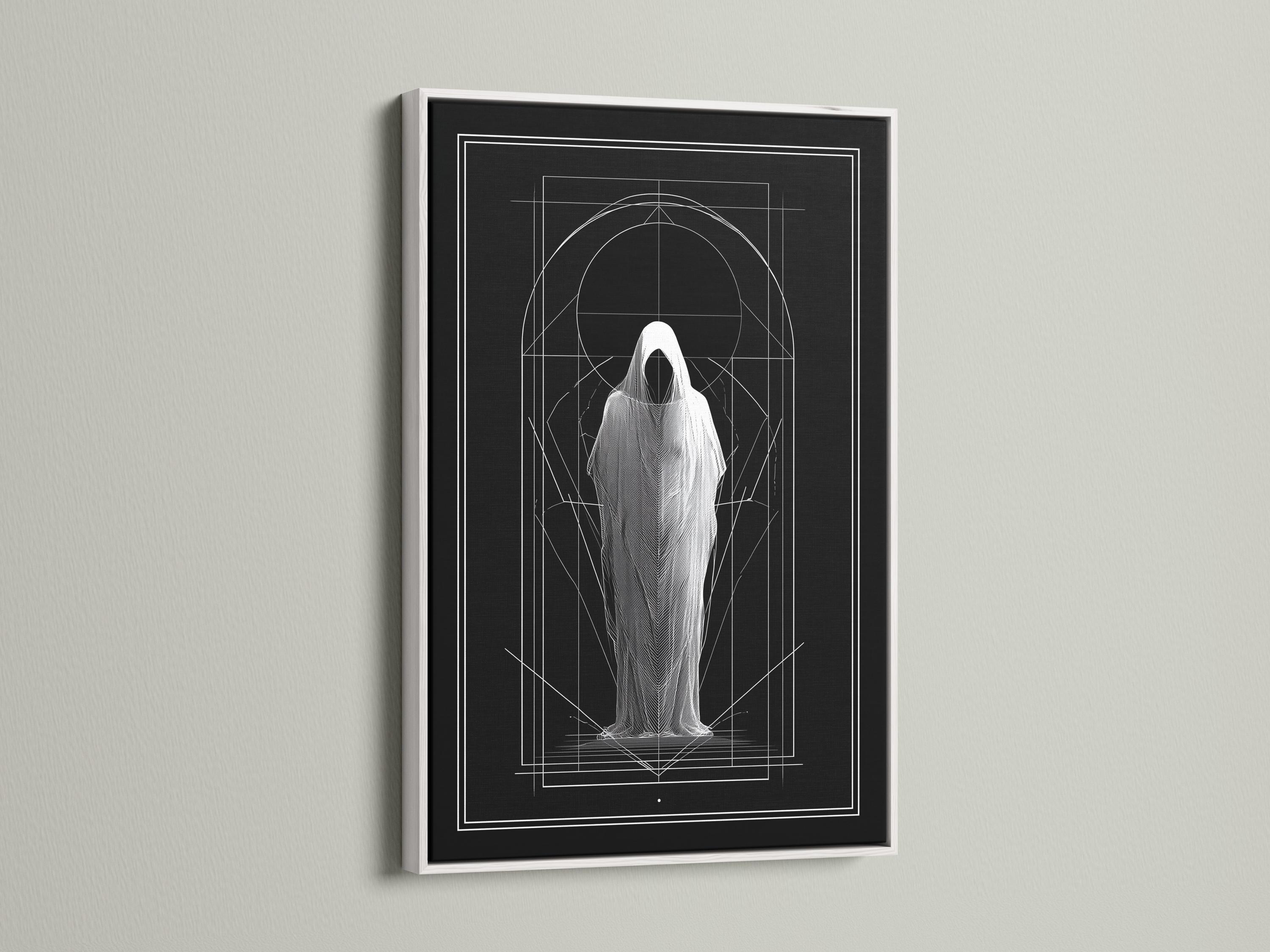 Monochrome geometric drawing of a hooded figure with white arch and grid lines on dark background detail view