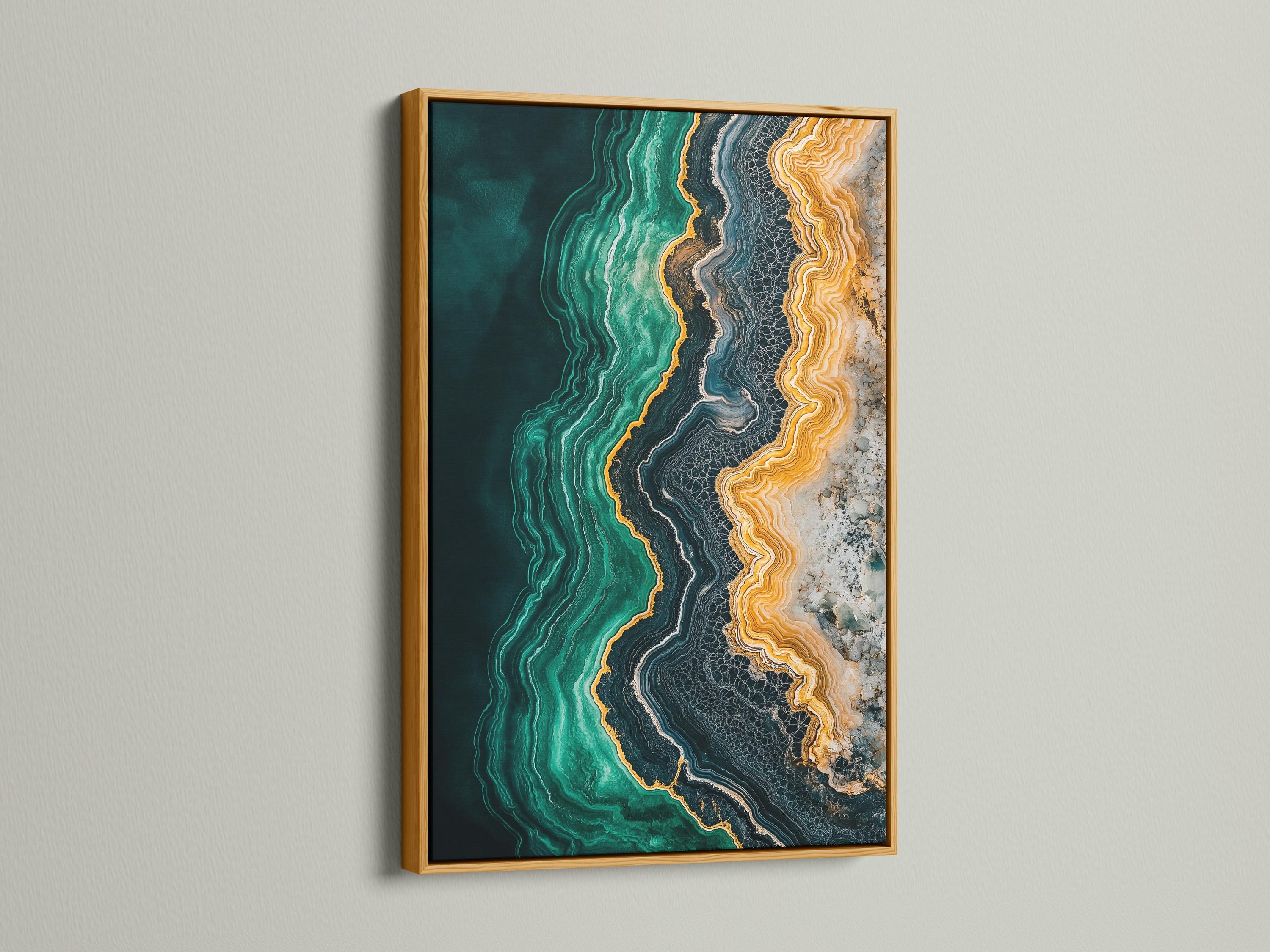 Office room mockup featuring a teal and gold abstract agate-style artwork on a wall