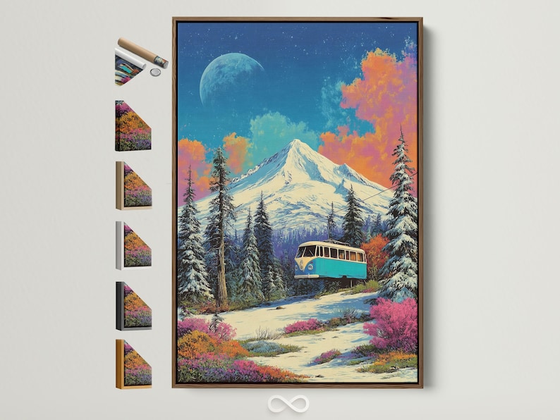Turquoise bus on a snowy mountain road under a moonlit deep blue sky