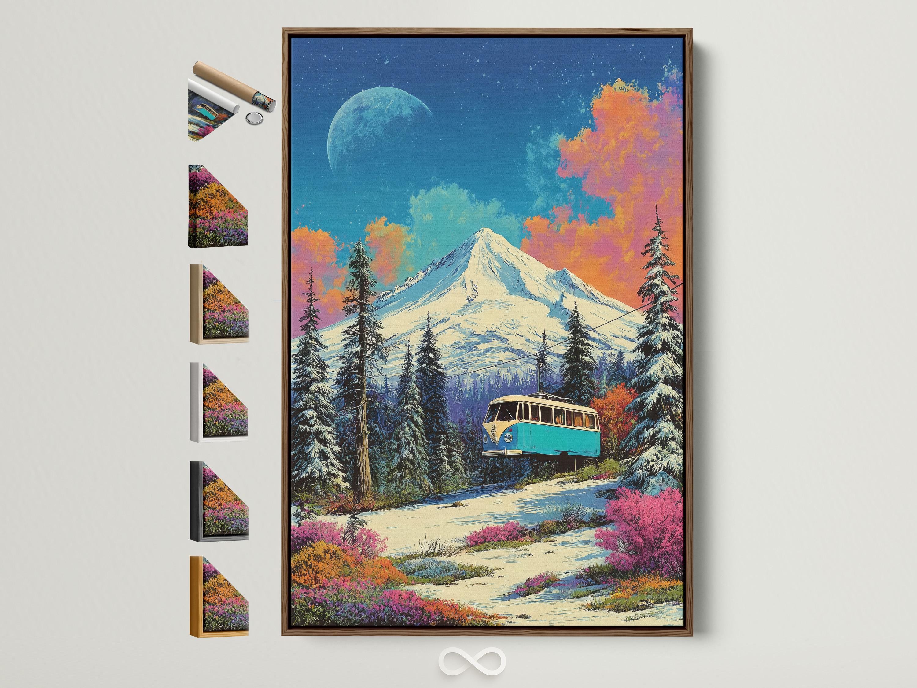 Turquoise bus on a snowy mountain road under a moonlit deep blue sky