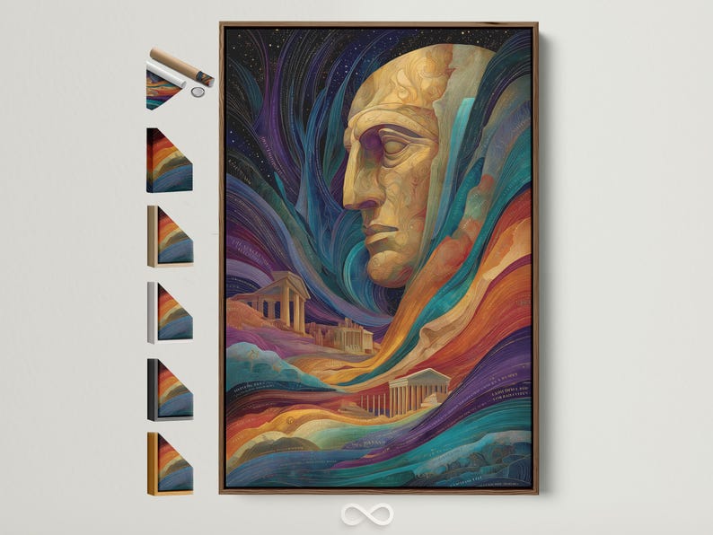 Golden statue head in profile surrounded by swirling indigo and teal waves and a classical columned building
