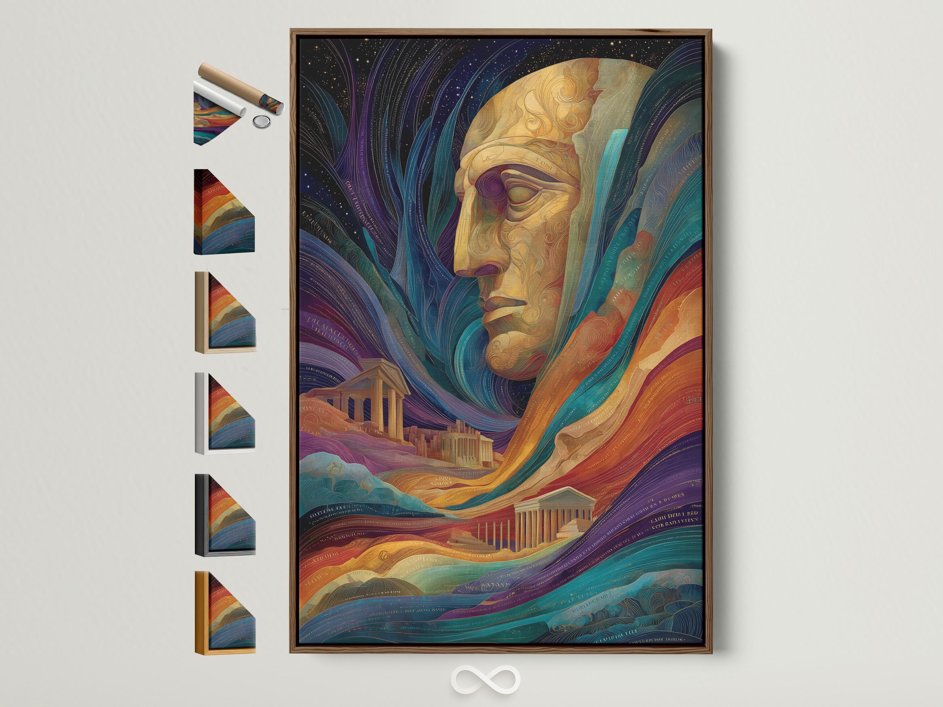 Golden statue head in profile surrounded by swirling indigo and teal waves and a classical columned building