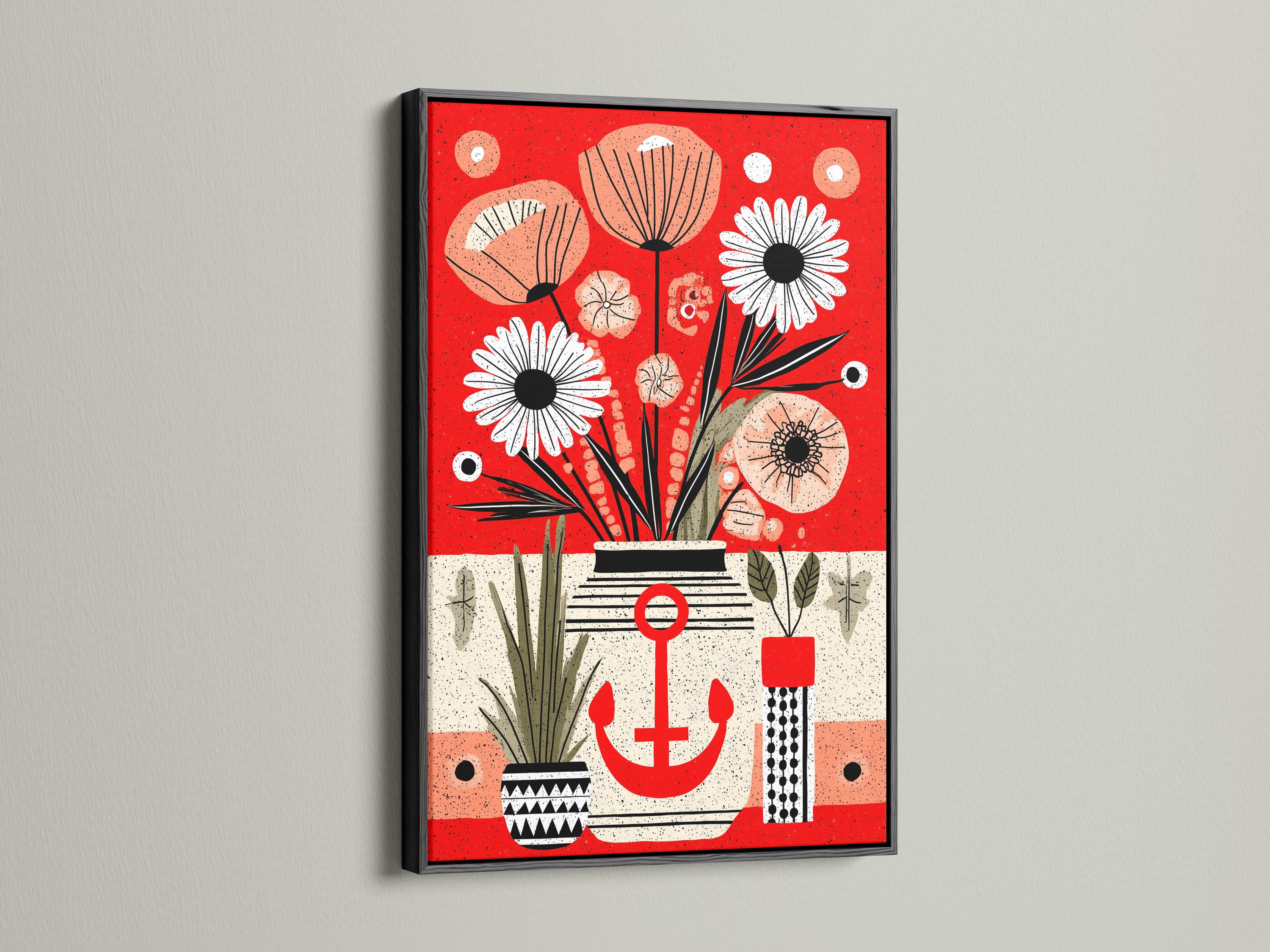 Woman looking at red anchor floral artwork in a modern room