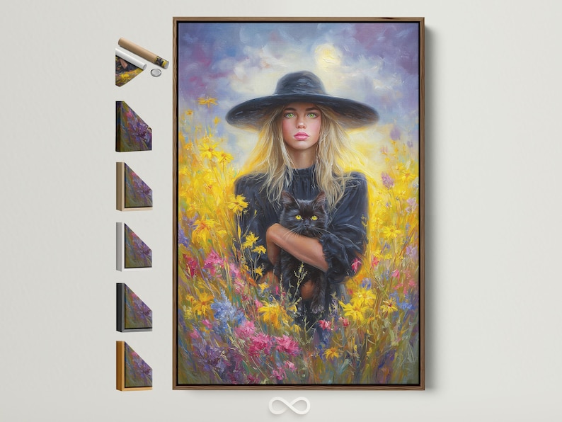 Blonde witch in a wide hat holding a black cat in a field of bright flowers