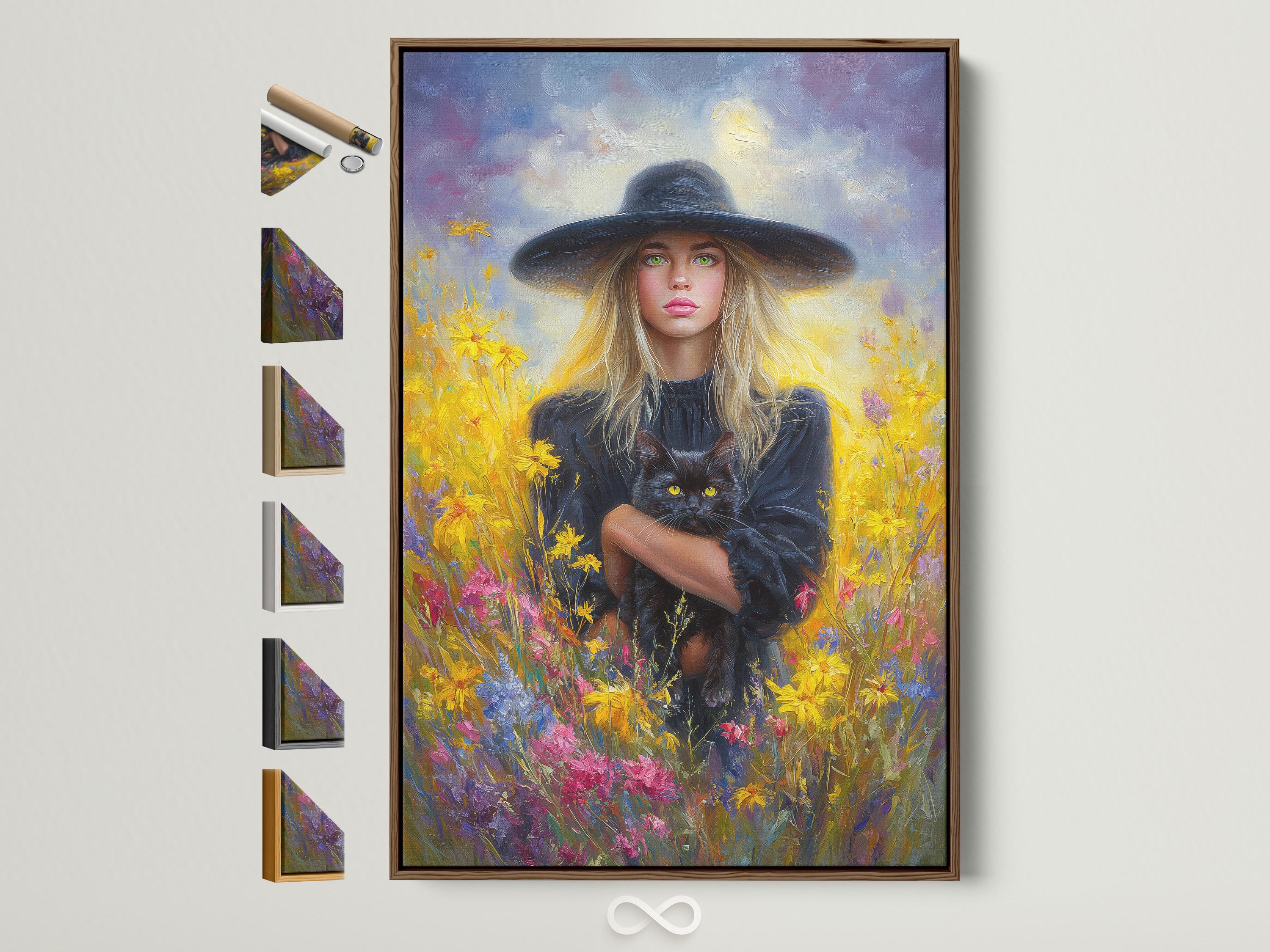Blonde witch in a wide hat holding a black cat in a field of bright flowers