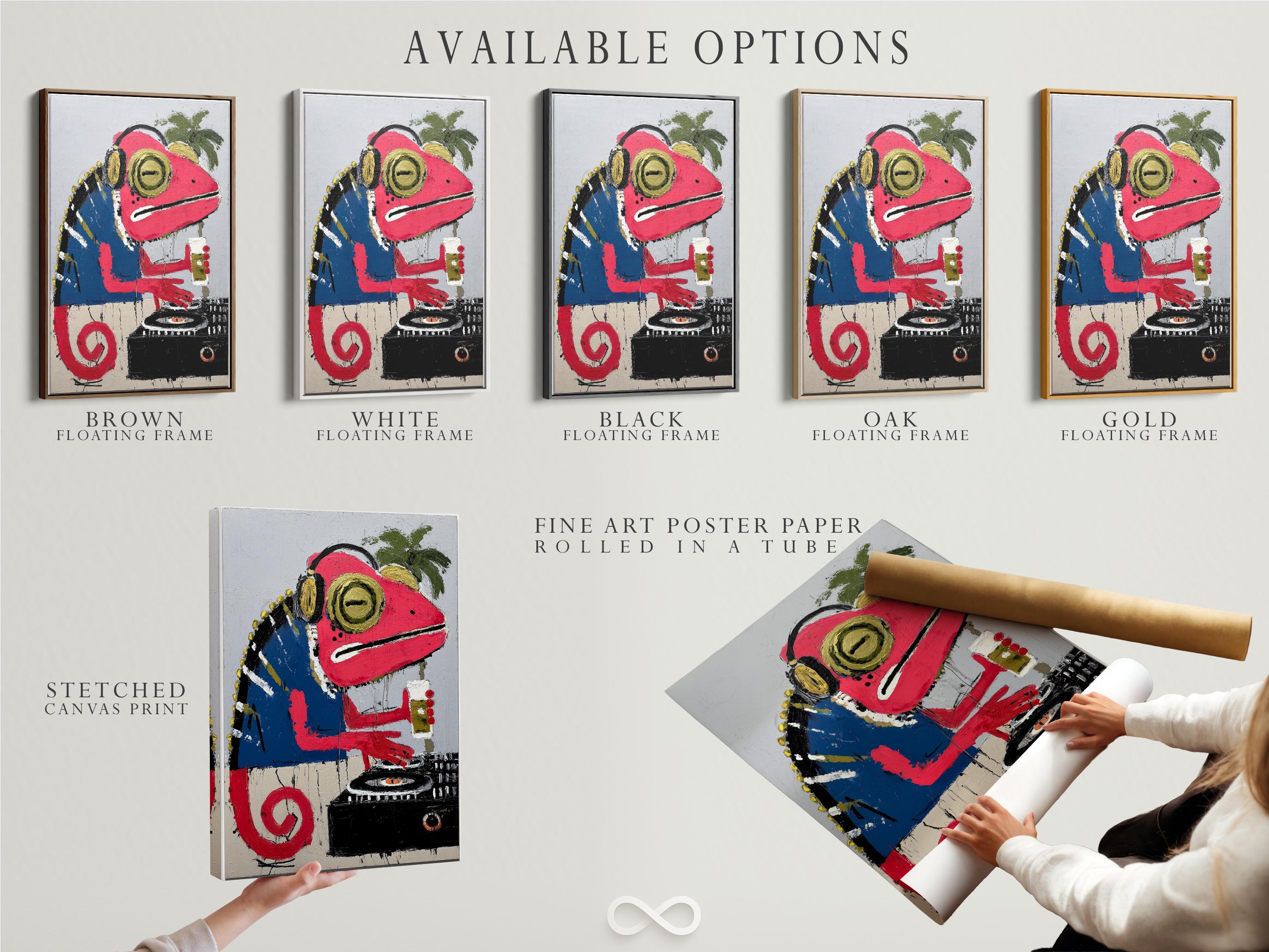 Stylised red iguana DJ illustration with oversized headphones, tropical leaves and a console detail view