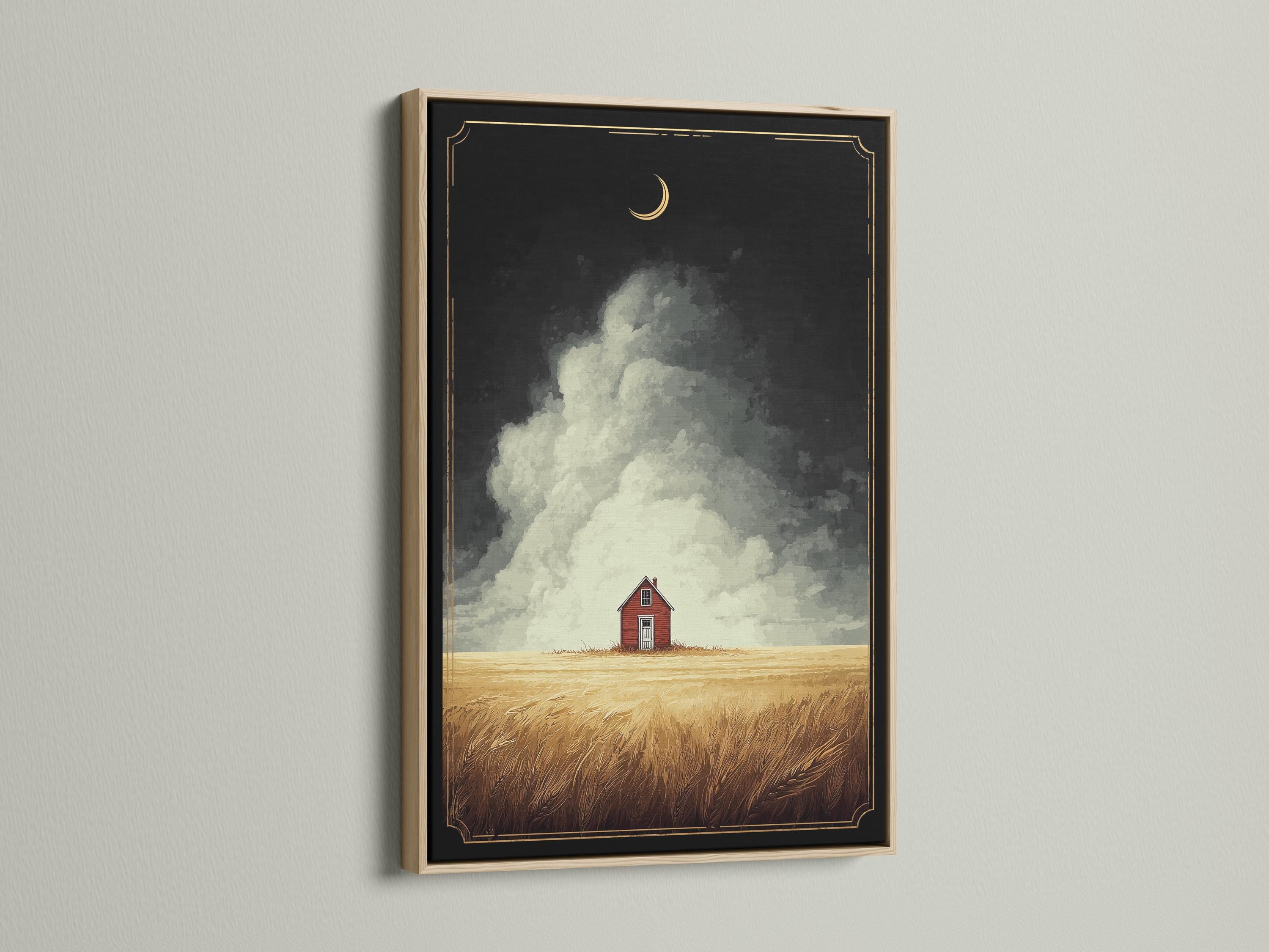 Framed landscape mockup showing a red barn in a golden wheat field under a cloudy dusk sky