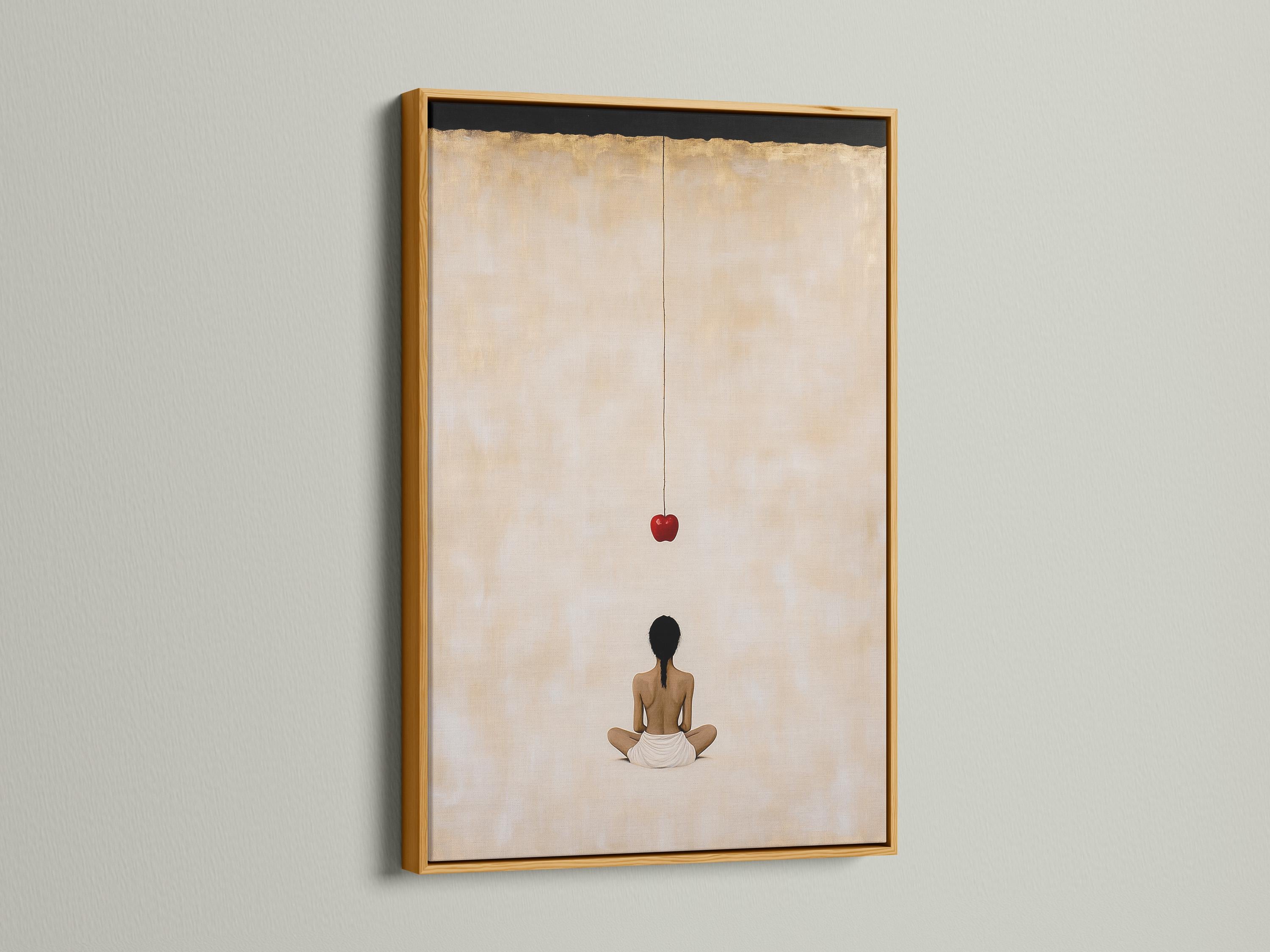Minimalist meditating figure with a red apple on a warm beige background detail view